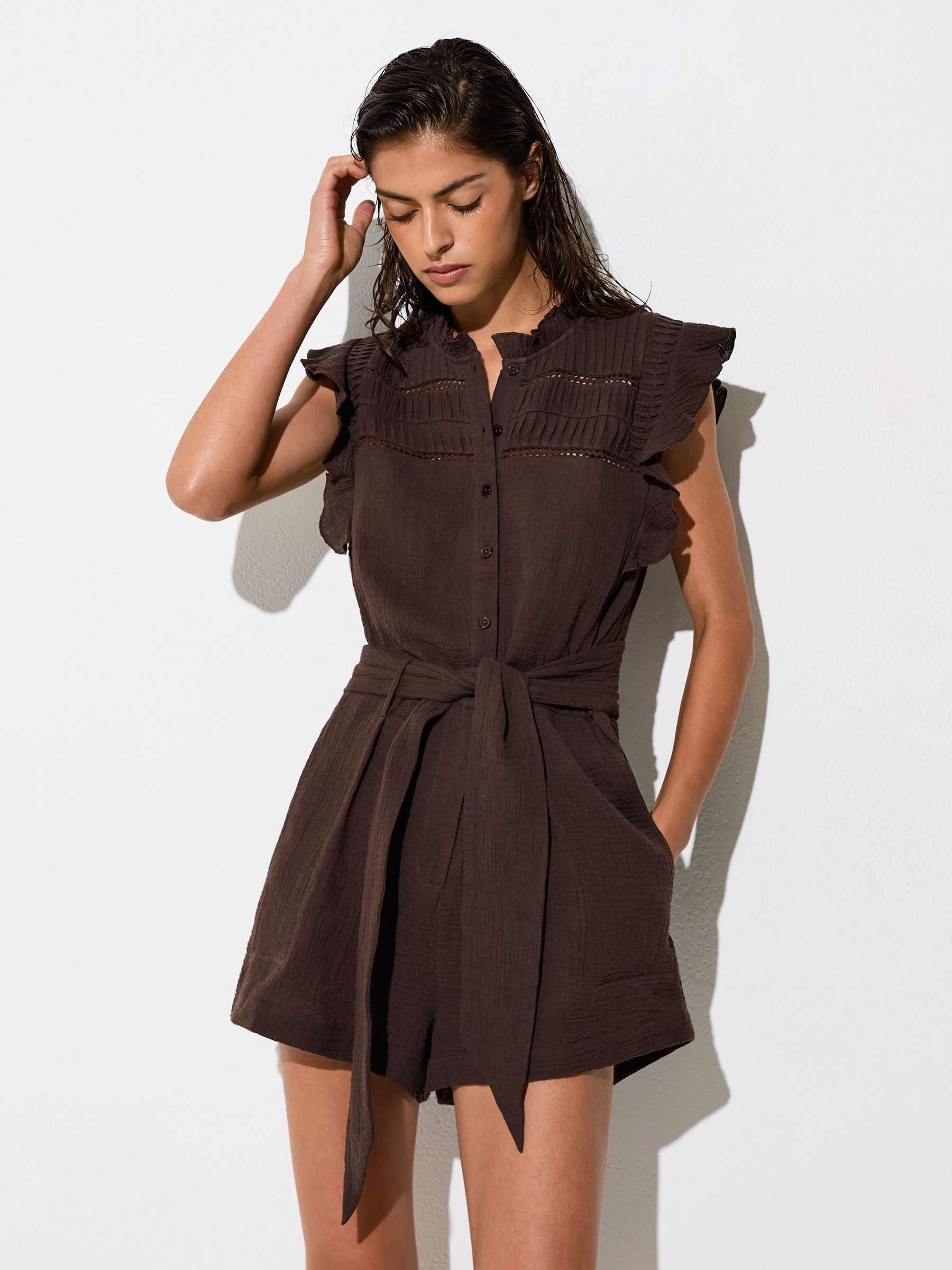Cotton Cheesecloth Ruffle-Detail Playsuit in Chocolate - Image 4 of 7