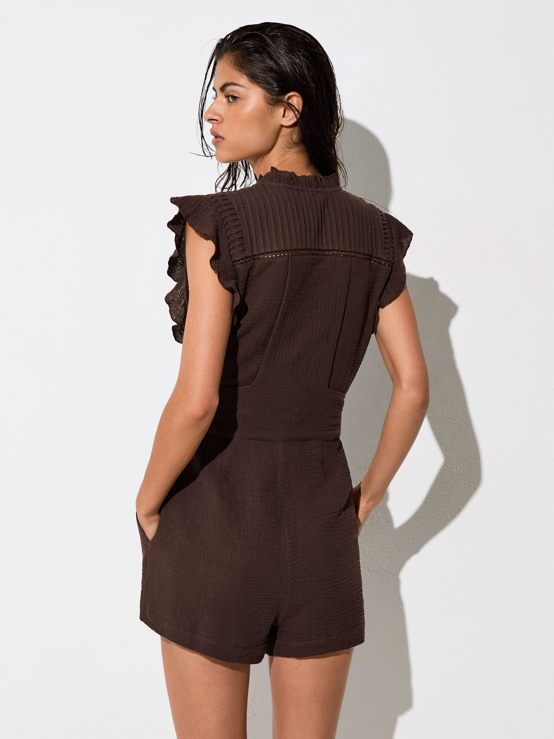Cotton Cheesecloth Ruffle-Detail Playsuit in Chocolate - Image 6 of 7