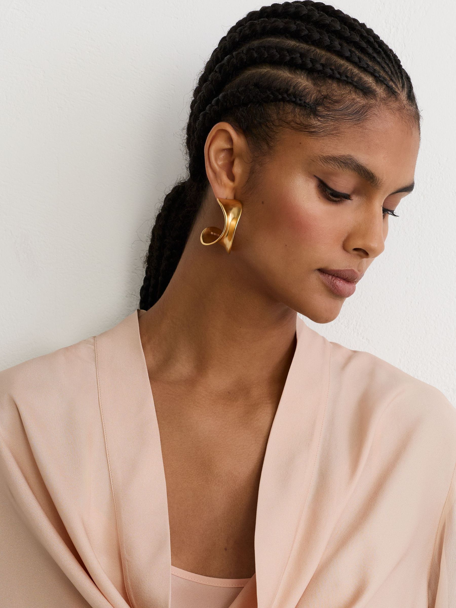 Draped Cowl-Neck Long-Sleeve Blouse in Peach Orange - Image 3 of 6
