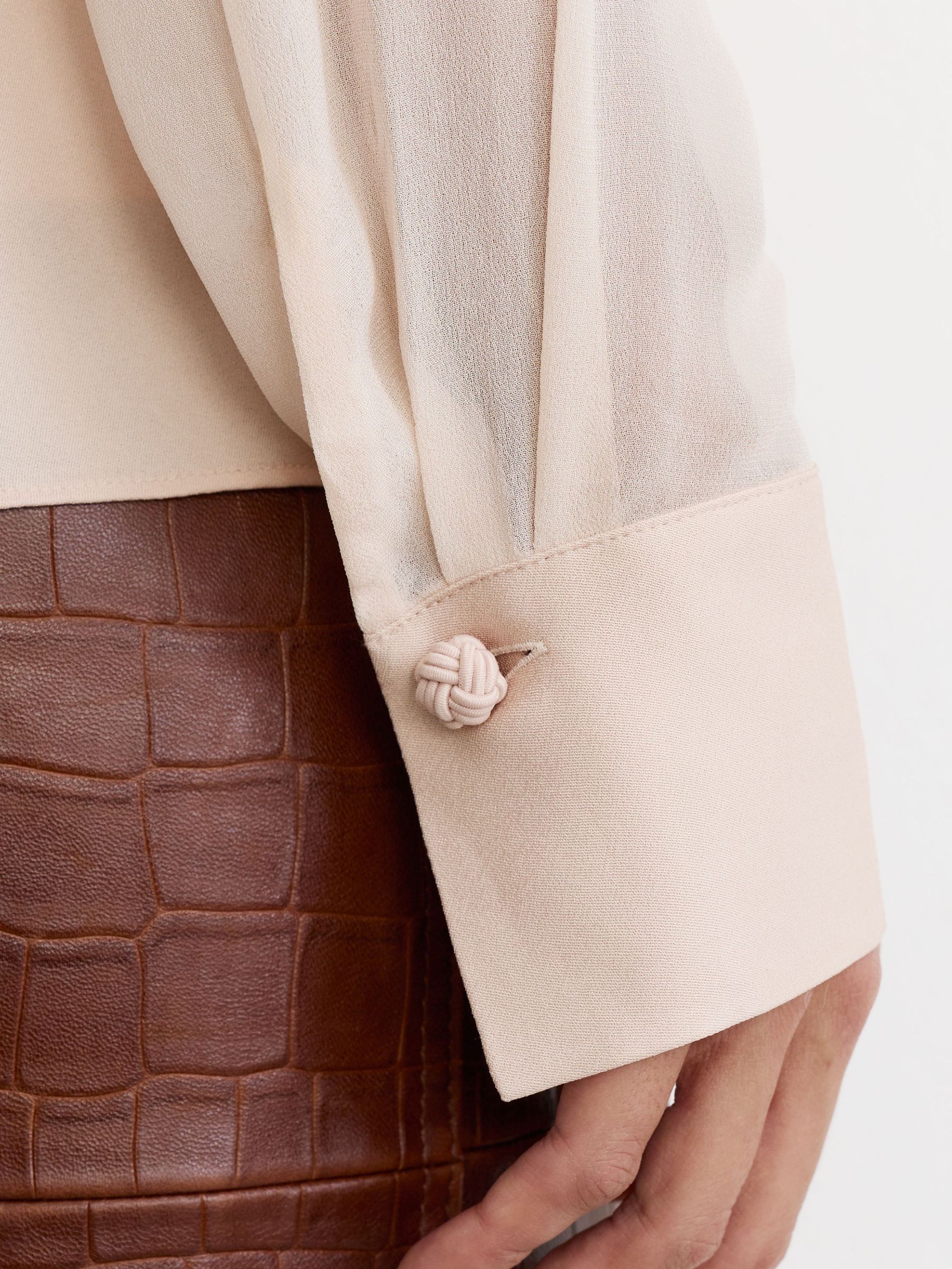 Draped Cowl-Neck Long-Sleeve Blouse in Peach Orange - Image 4 of 6
