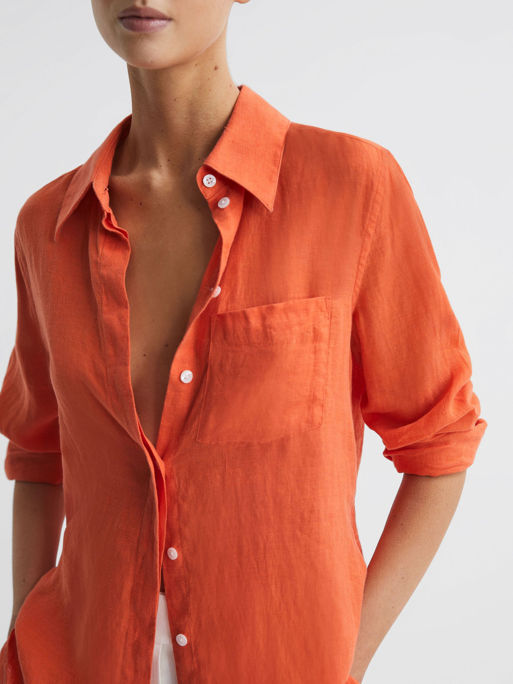 Linen Long Sleeve Shirt in Orange - Image 4 of 5