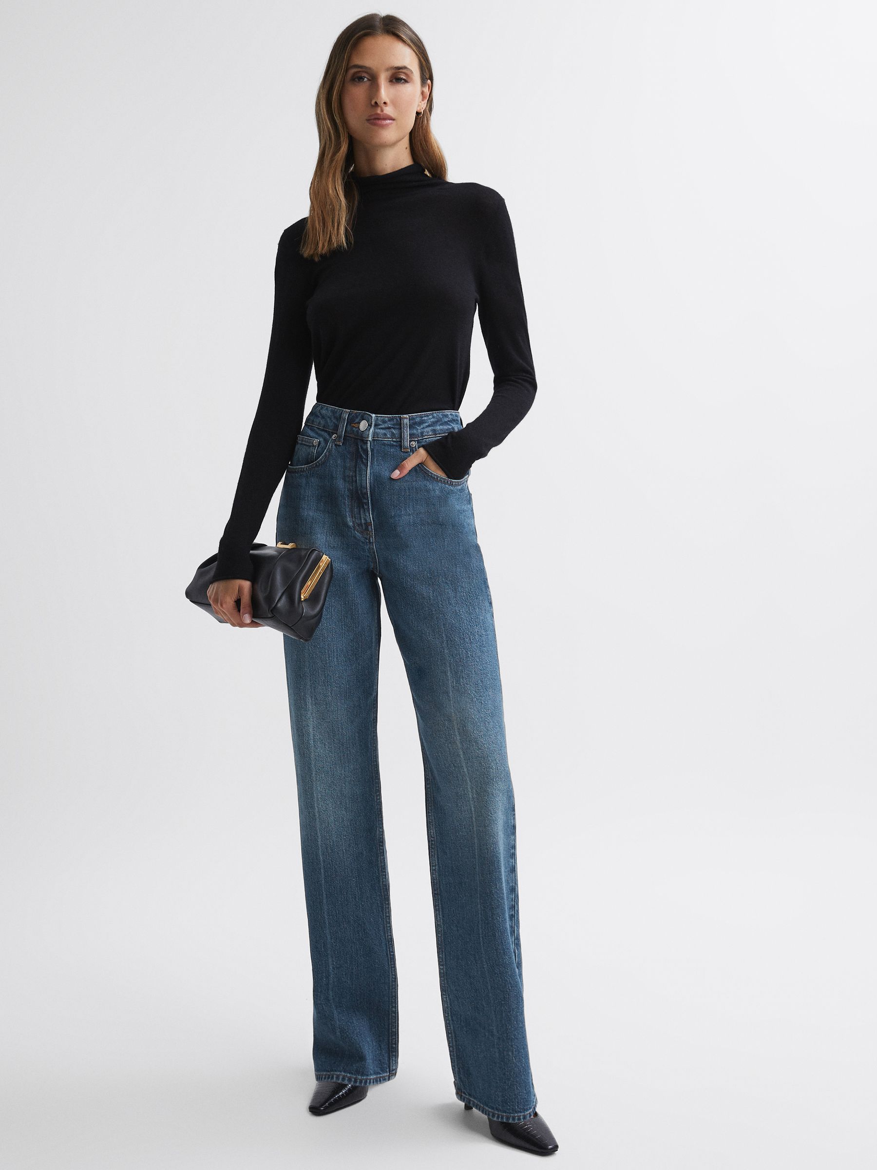 Petite High Rise Straight Leg Jeans in Mid Blue - Image 1 of 6