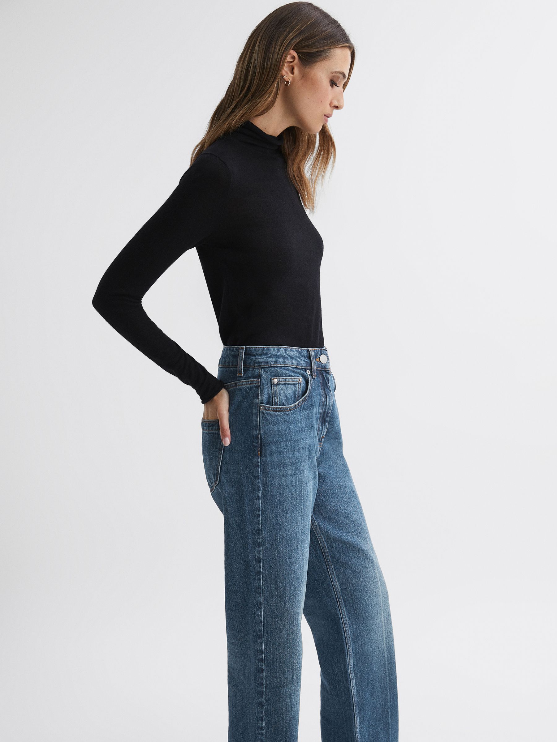 Petite High Rise Straight Leg Jeans in Mid Blue - Image 4 of 6