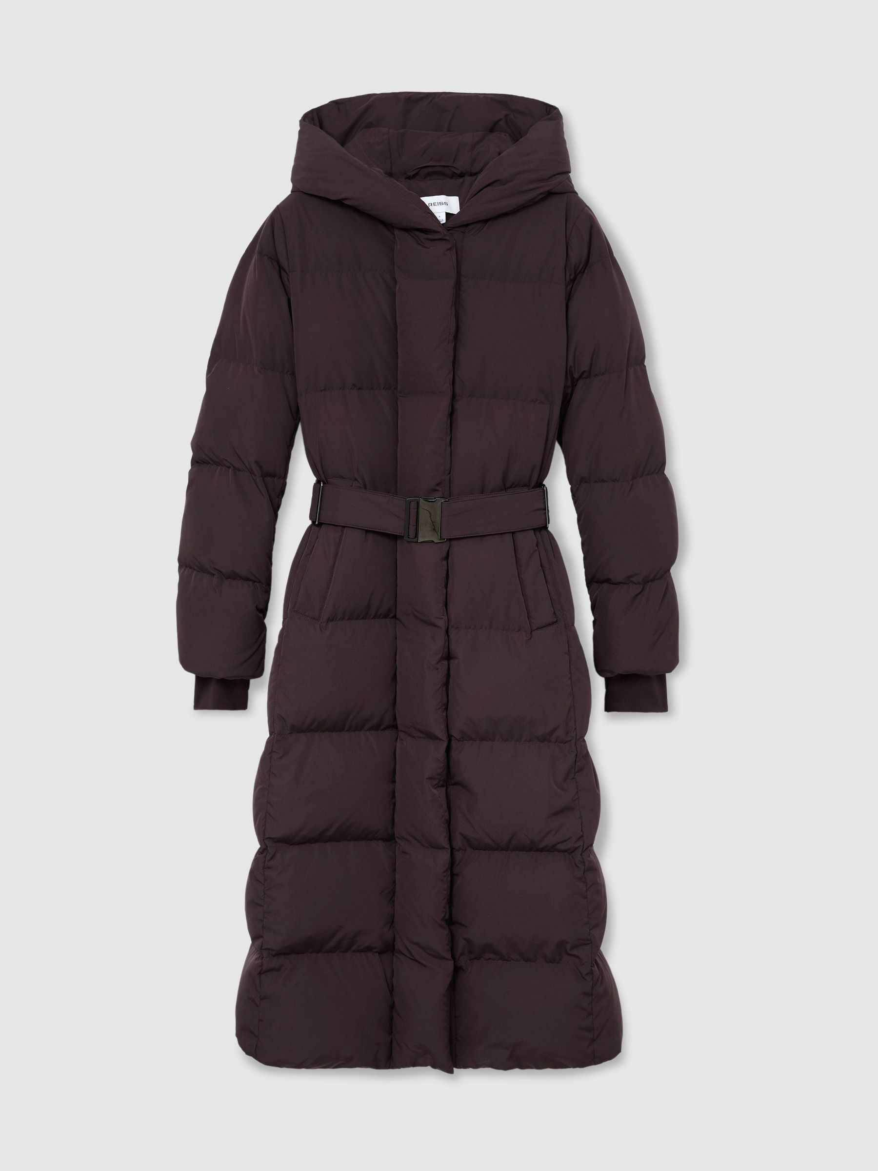 Tall Belted Longline Hooded Puffer Coat in Dark Grape - Image 2 of 8