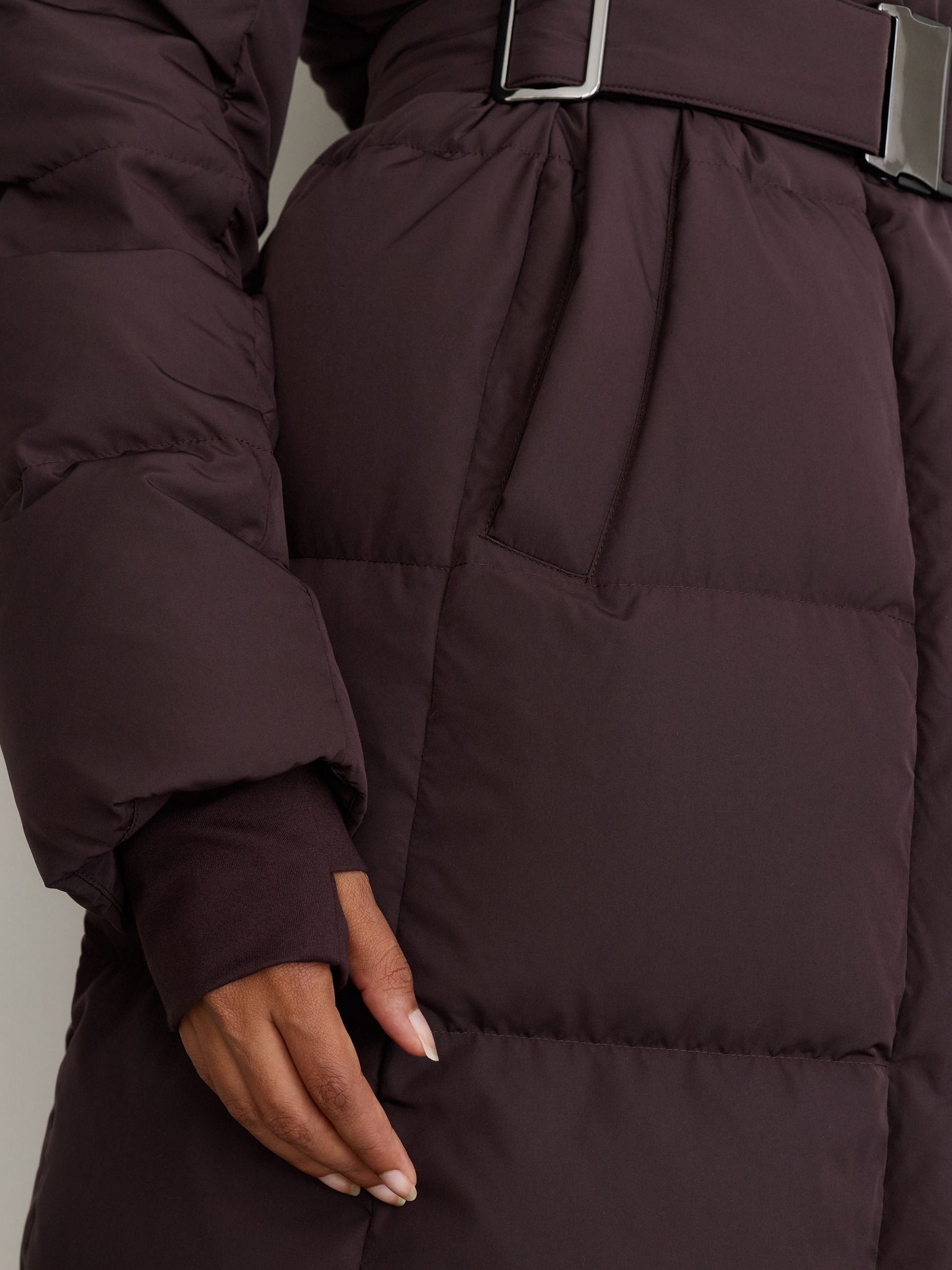 Tall Belted Longline Hooded Puffer Coat in Dark Grape - Image 4 of 8