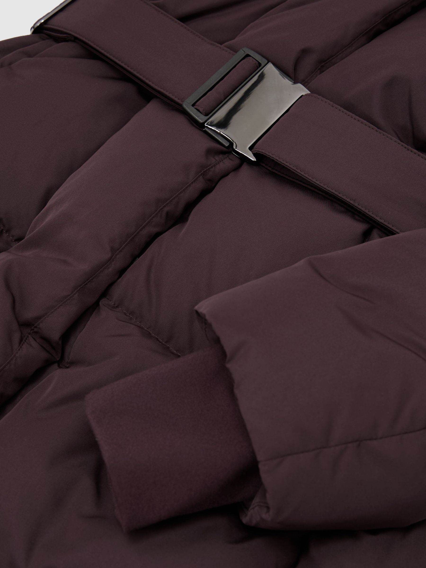 Tall Belted Longline Hooded Puffer Coat in Dark Grape - Image 7 of 8