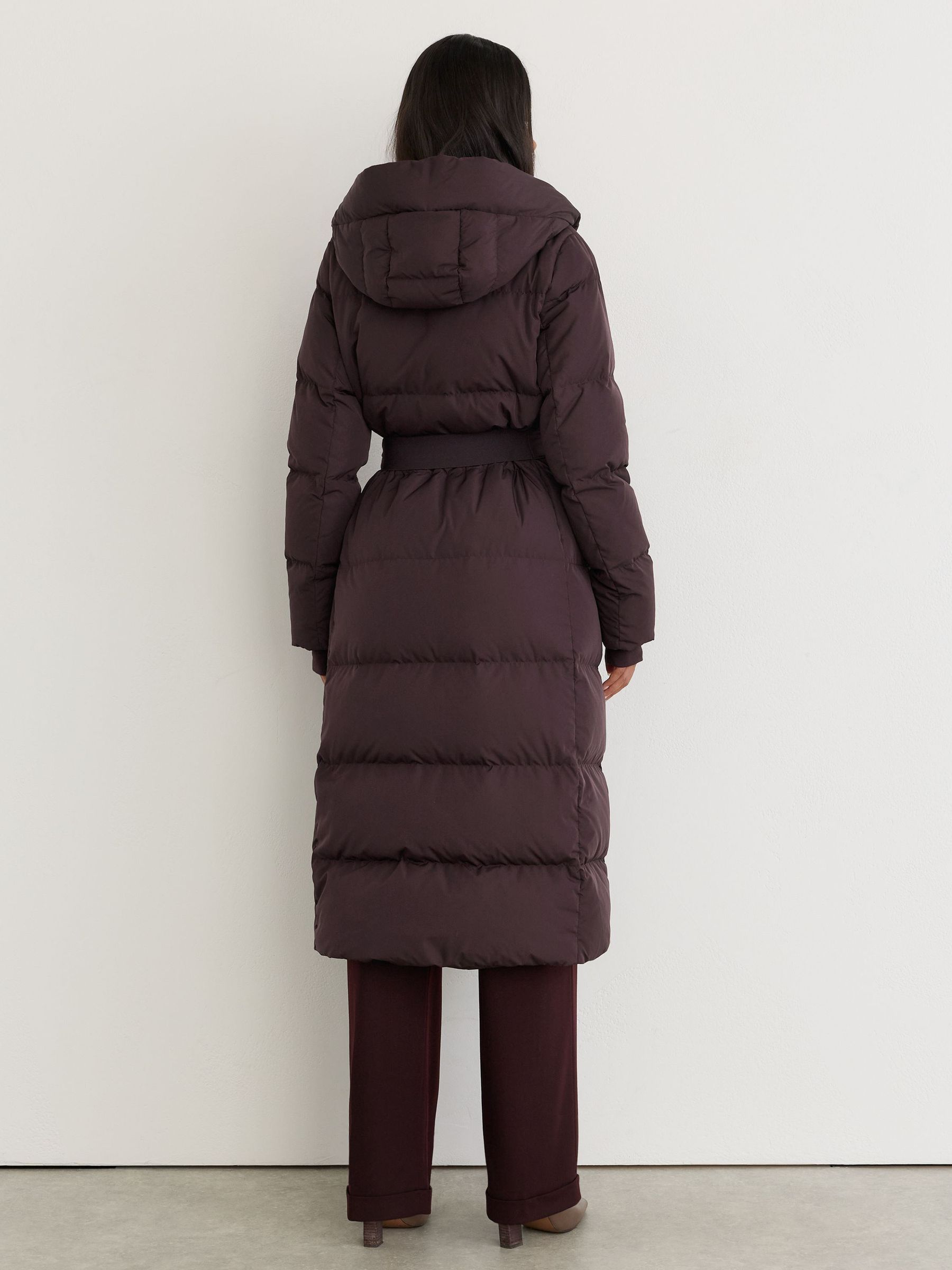 Petite Belted Longline Hooded Puffer Coat in Dark Grape - Image 6 of 8