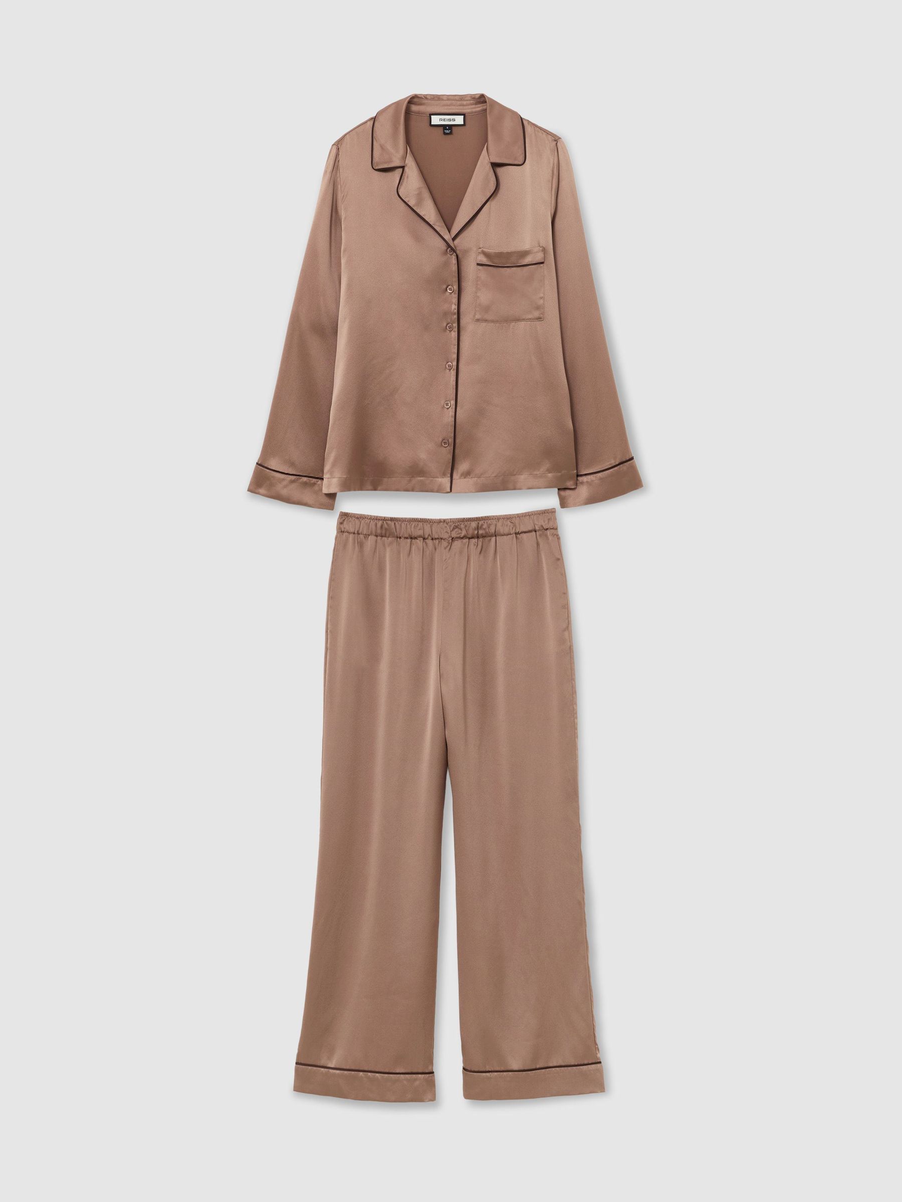 Silk Piped Shirt and Trousers Pyjama Set in Taupe Chocolate Brown - Image 2 of 4