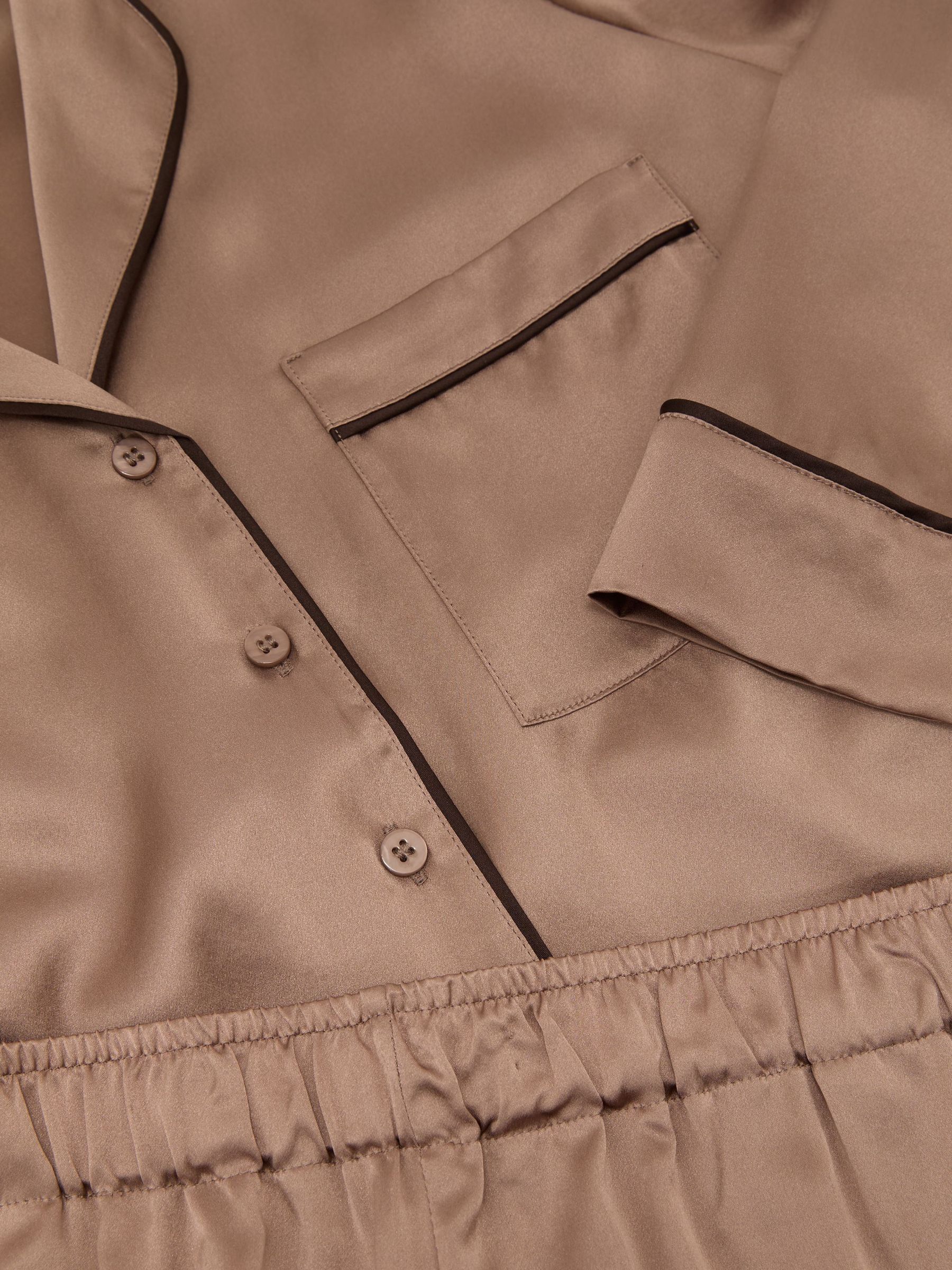 Silk Piped Shirt and Trousers Pyjama Set in Taupe Chocolate Brown - Image 4 of 4