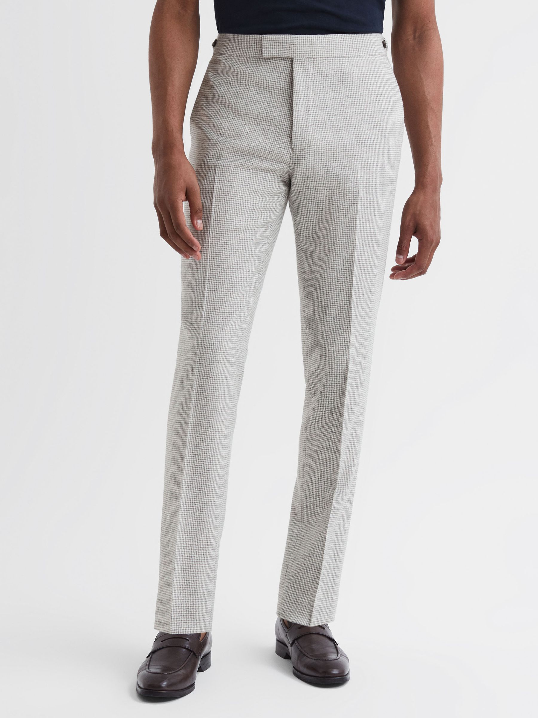 Flock Soft Grey Wool Blend Puppytooth Slim Fit Trousers - Image 1 of 4