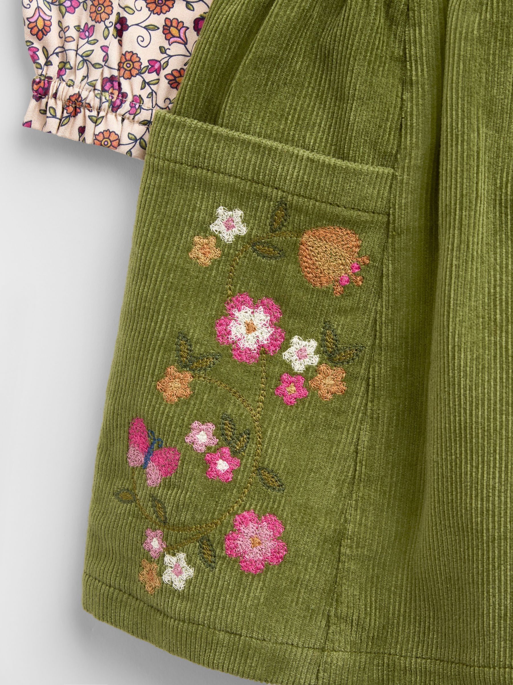 Khaki Green Floral Printed Collar Top & Embroidered Cord Skirt - Image 7 of 7