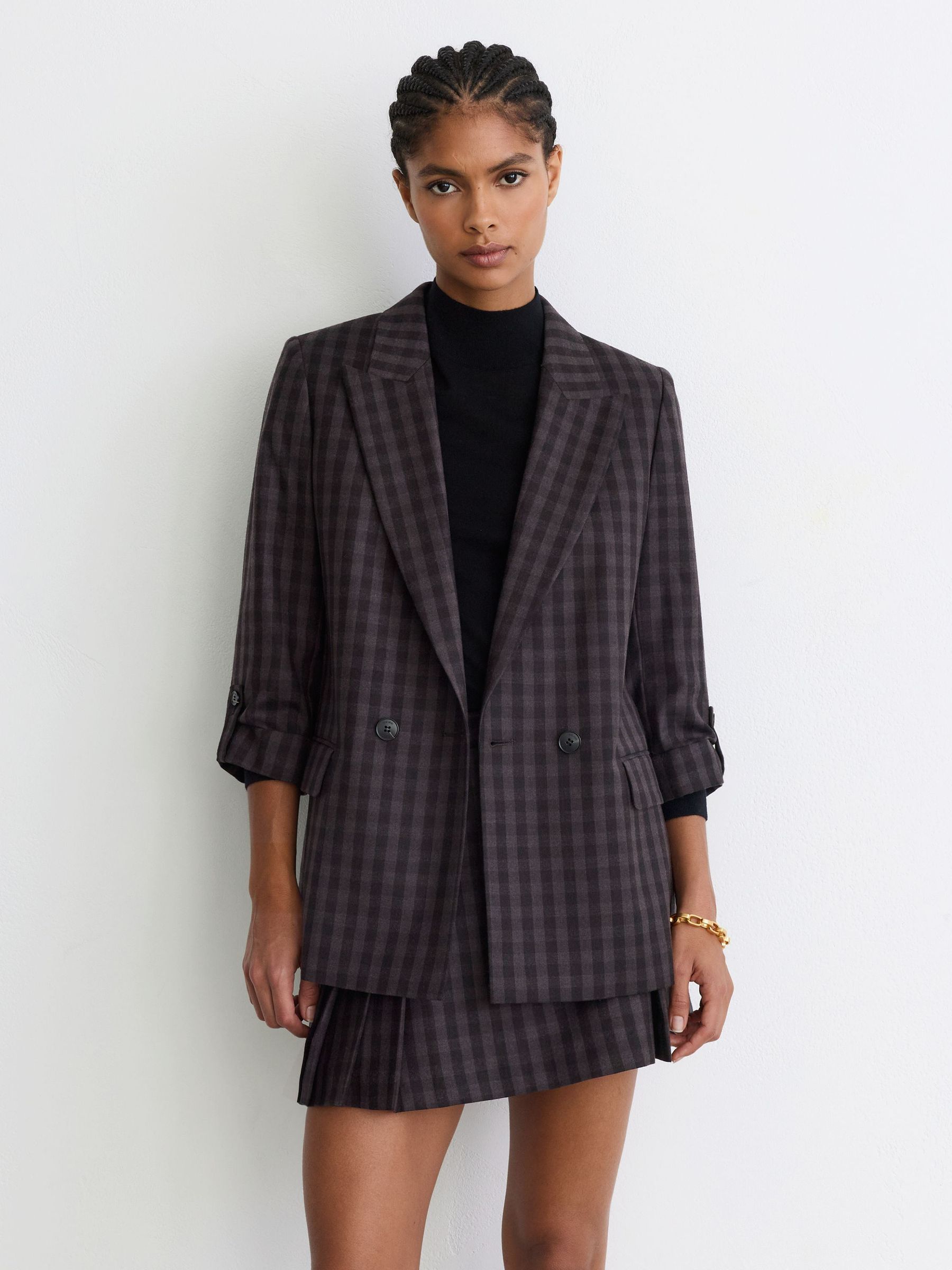 Tall Wool Check Relaxed Double-Breasted Blazer in Grape Check - Image 1 of 8