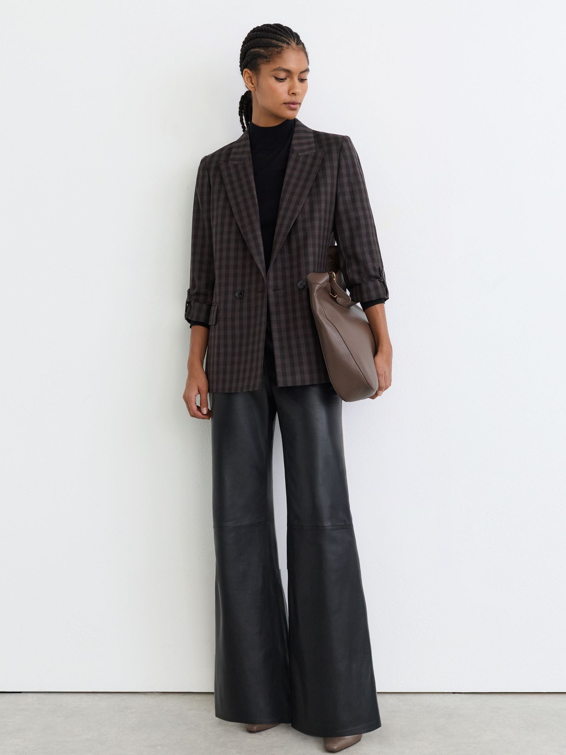 Petite Wool Check Relaxed Double-Breasted Blazer in Grape Check by Reiss