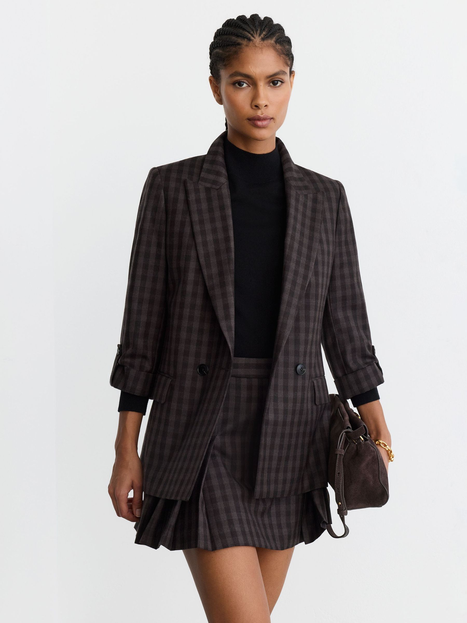 Petite Wool Check Relaxed Double-Breasted Blazer in Grape Check - Image 3 of 7