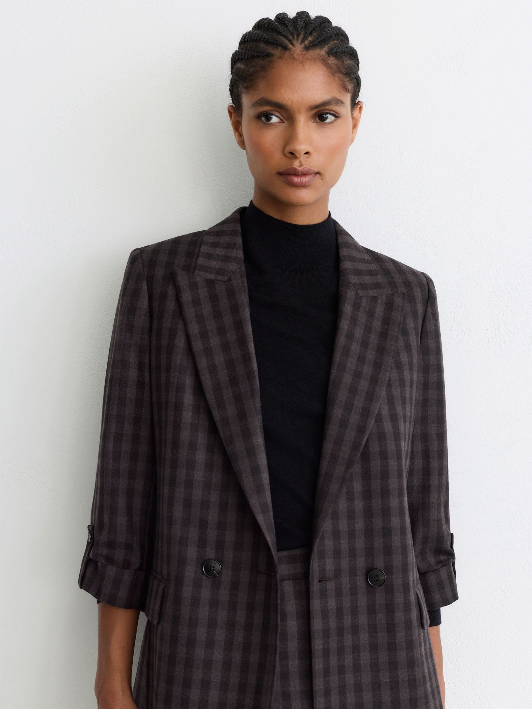 Petite Wool Check Relaxed Double-Breasted Blazer in Grape Check - Image 6 of 7