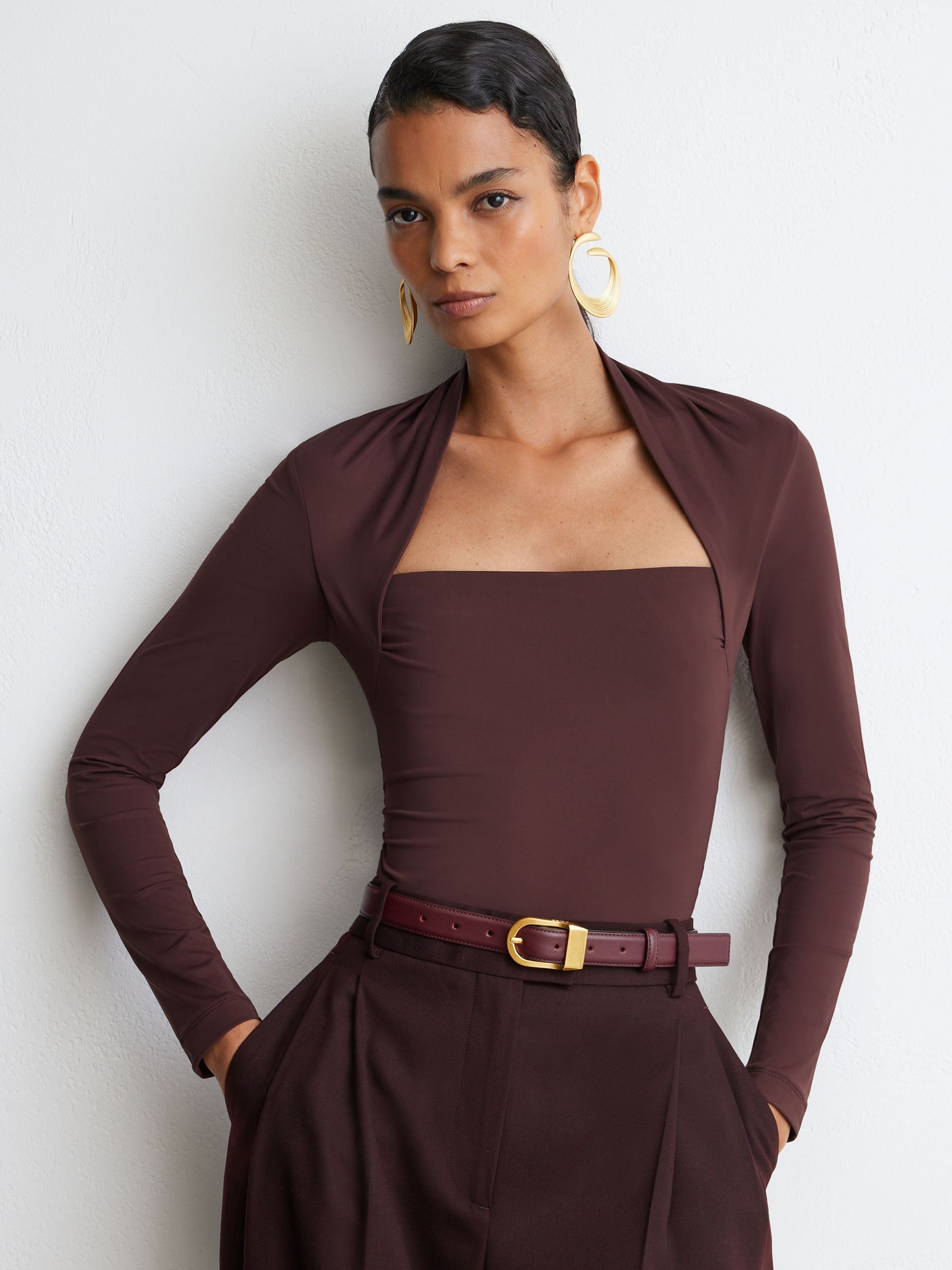 Square-Neck Ruched Long Sleeve Top in Burgundy - Image 1 of 7