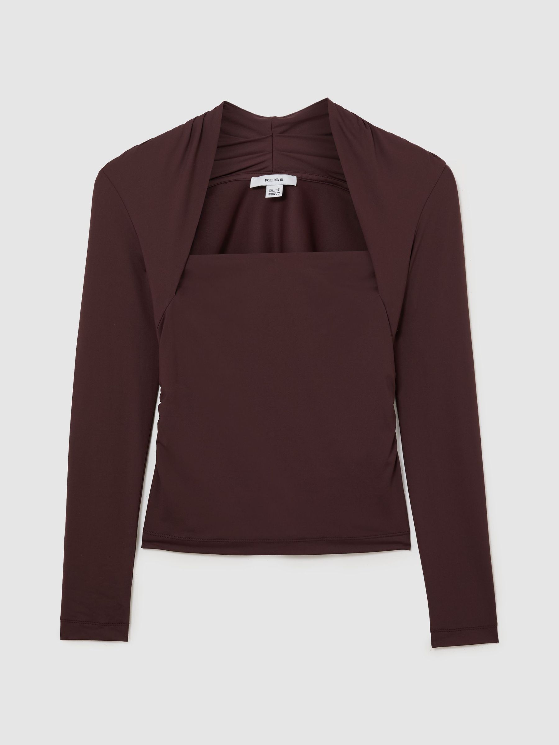 Square-Neck Ruched Long Sleeve Top in Burgundy - Image 2 of 7