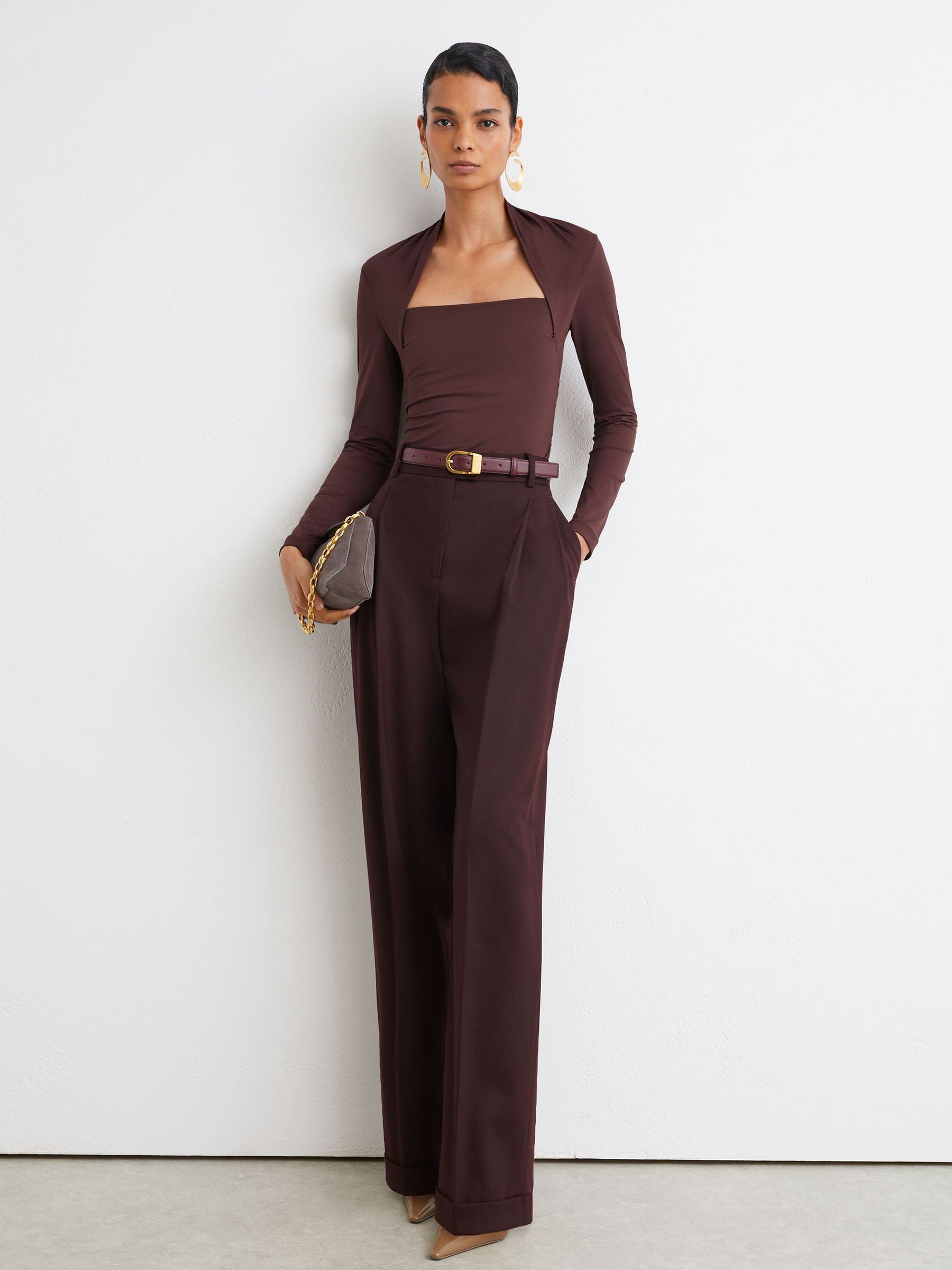 Square-Neck Ruched Long Sleeve Top in Burgundy - Image 4 of 7