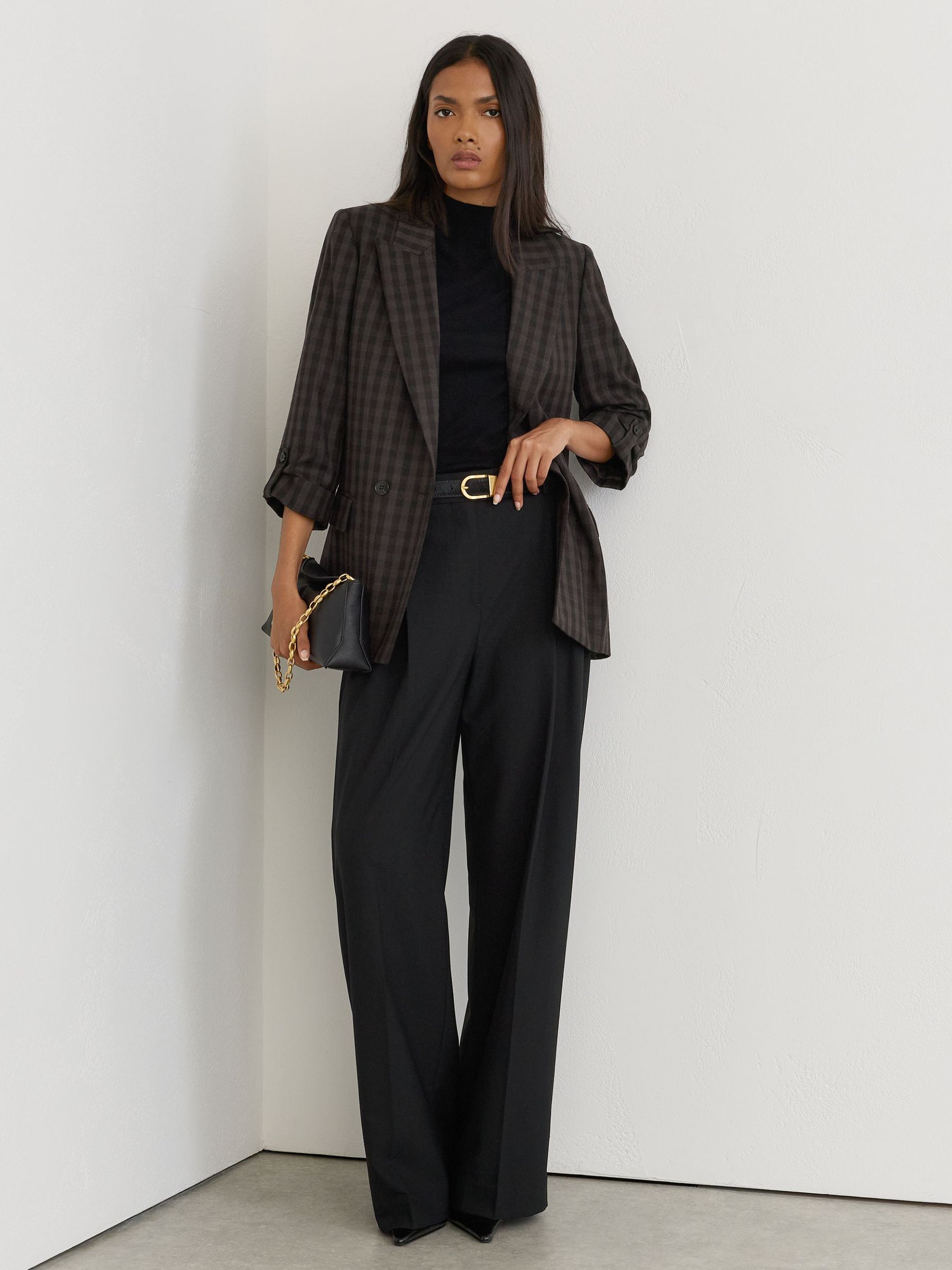 Wool Check Relaxed Double-Breasted Blazer in Grape Check by Reiss