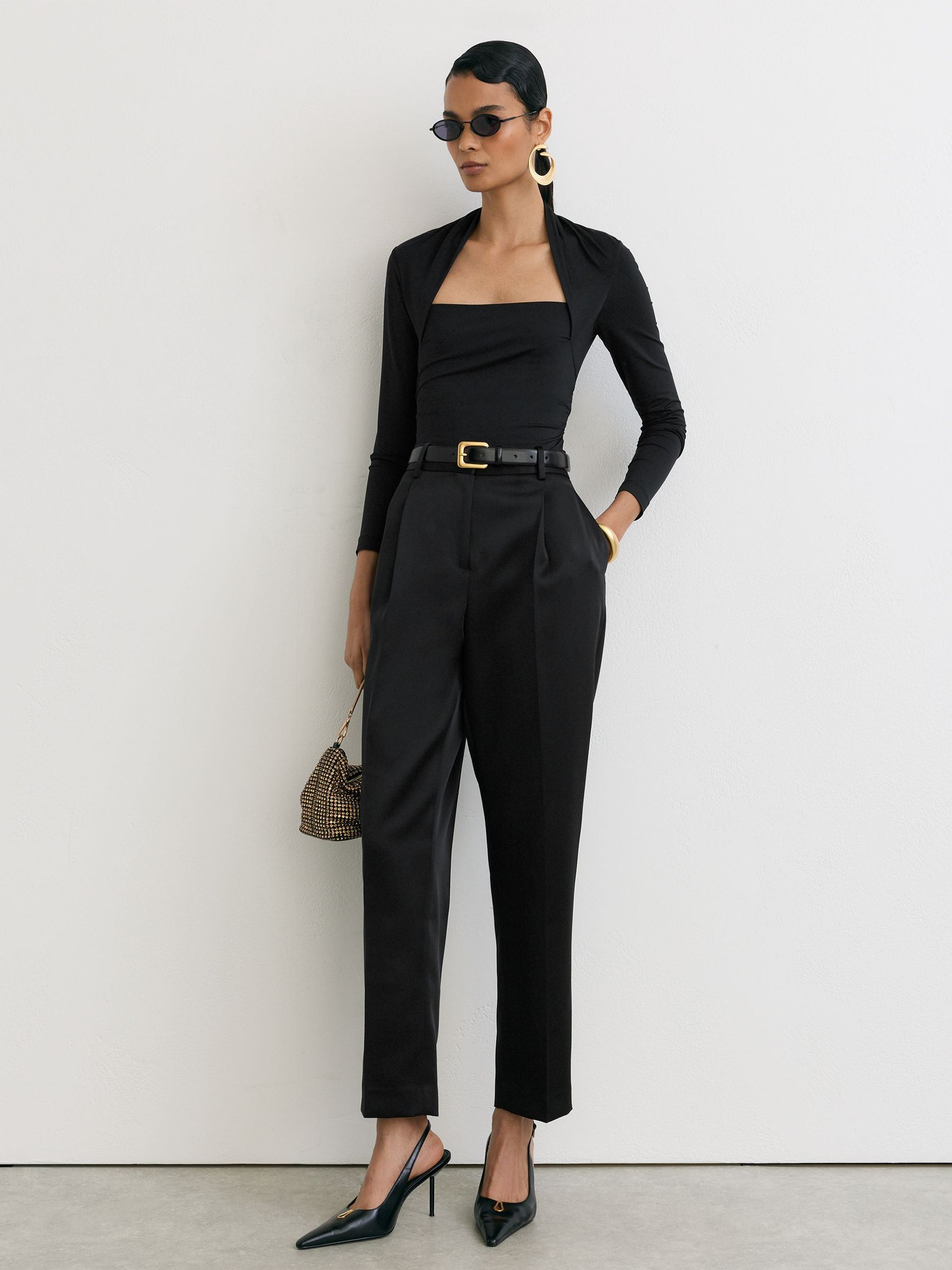 Square-Neck Ruched Long Sleeve Top in Black - Image 3 of 6