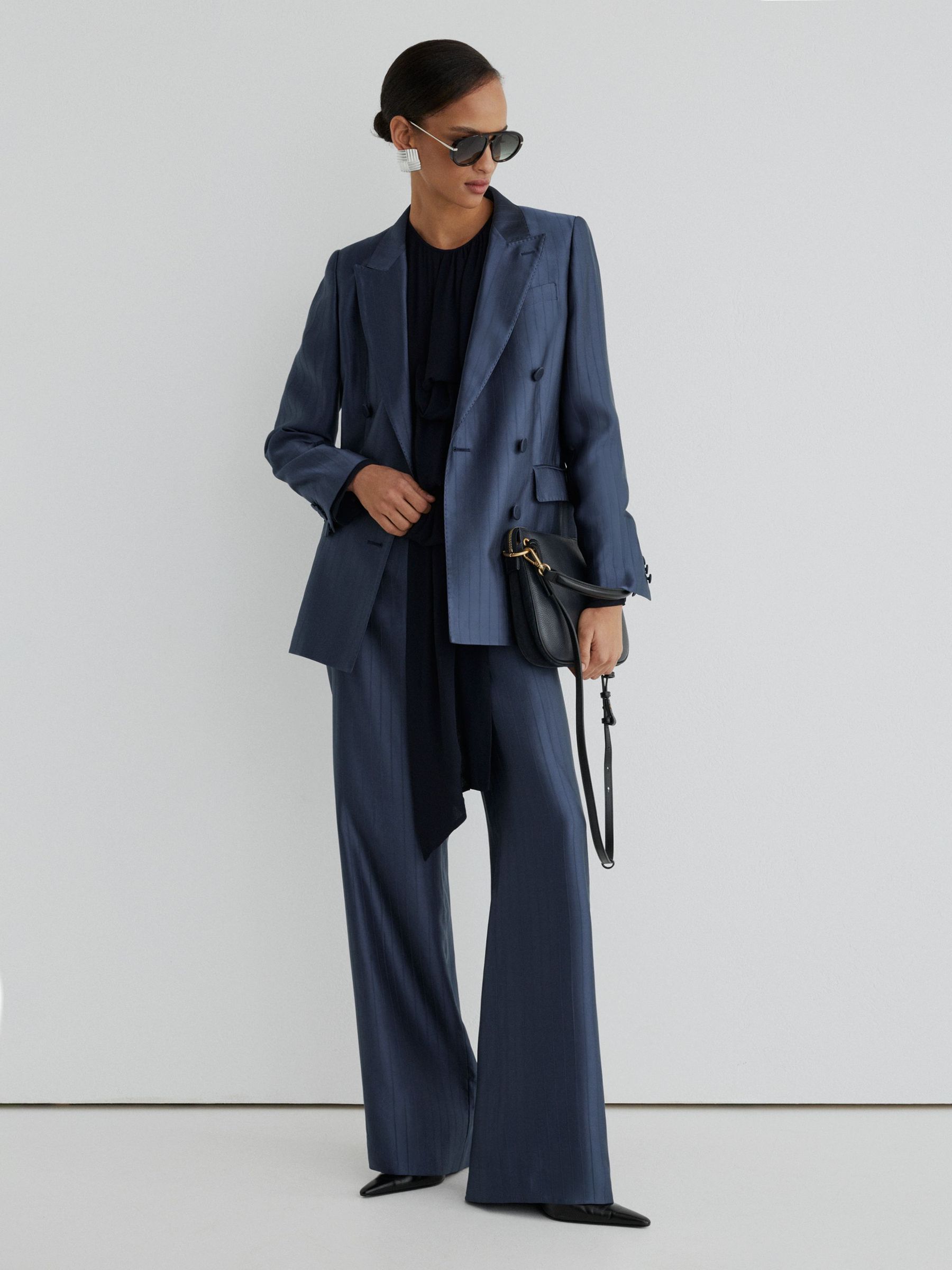 Atelier Satin Pinstripe Double-Breasted Blazer in Navy - Image 1 of 8 Atelier Satin Pinstripe Double-Breasted Blazer in Navy - Image 1 of 8
