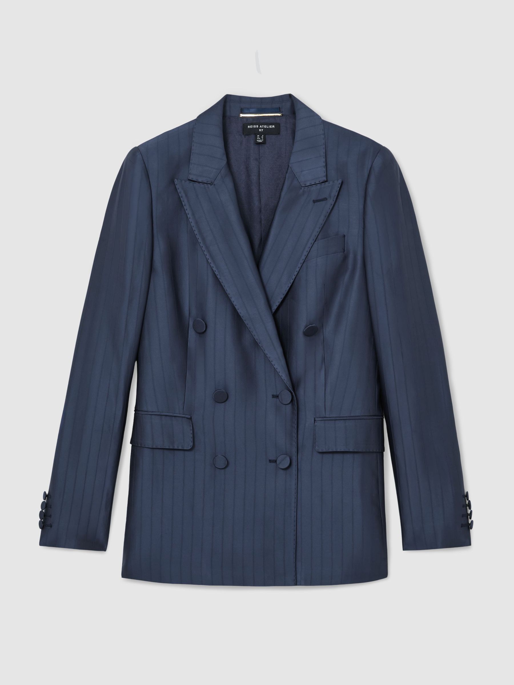 Atelier Satin Pinstripe Double-Breasted Blazer in Navy - Image 2 of 8