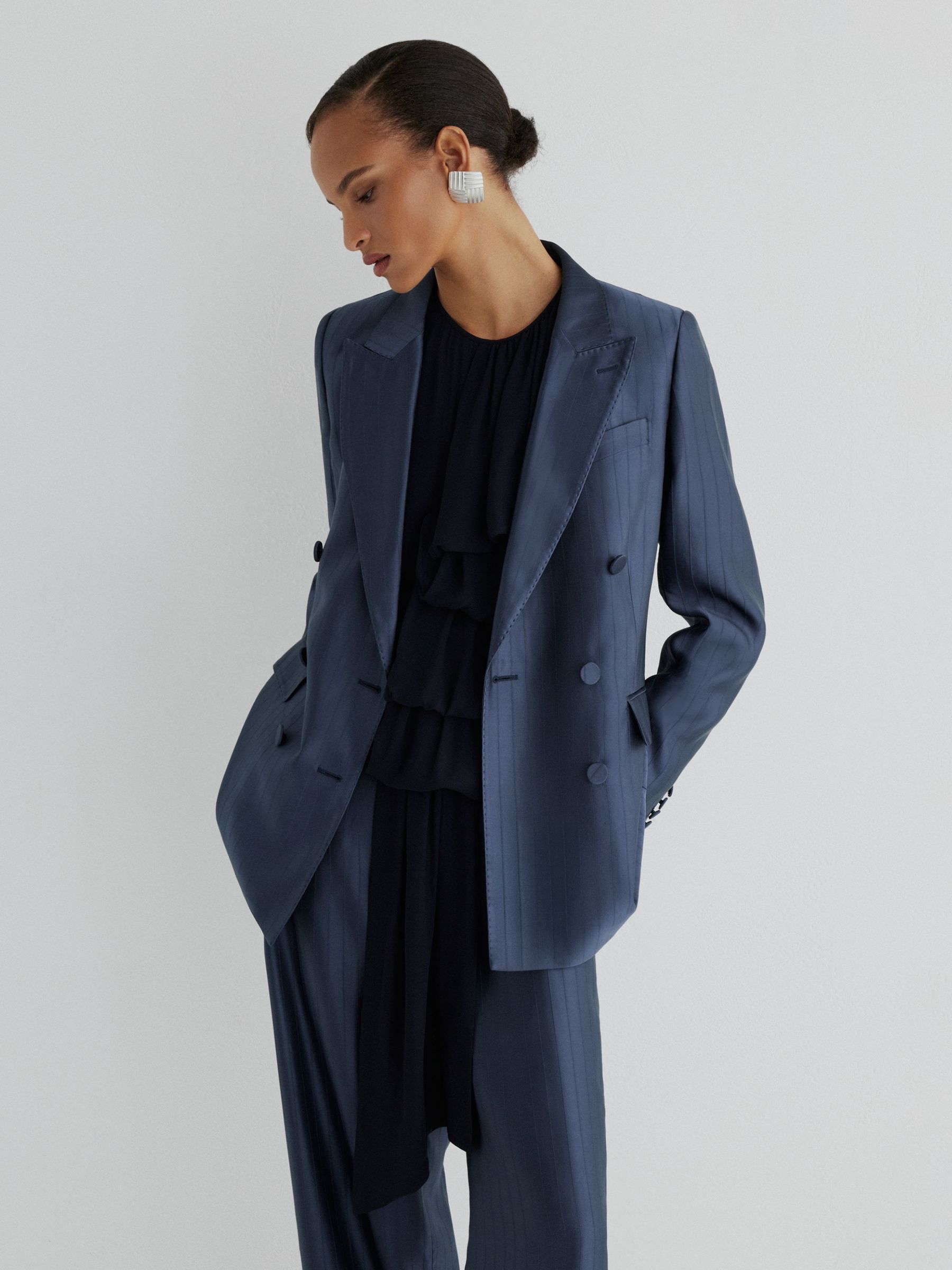 Atelier Satin Pinstripe Double-Breasted Blazer in Navy - Image 3 of 8
