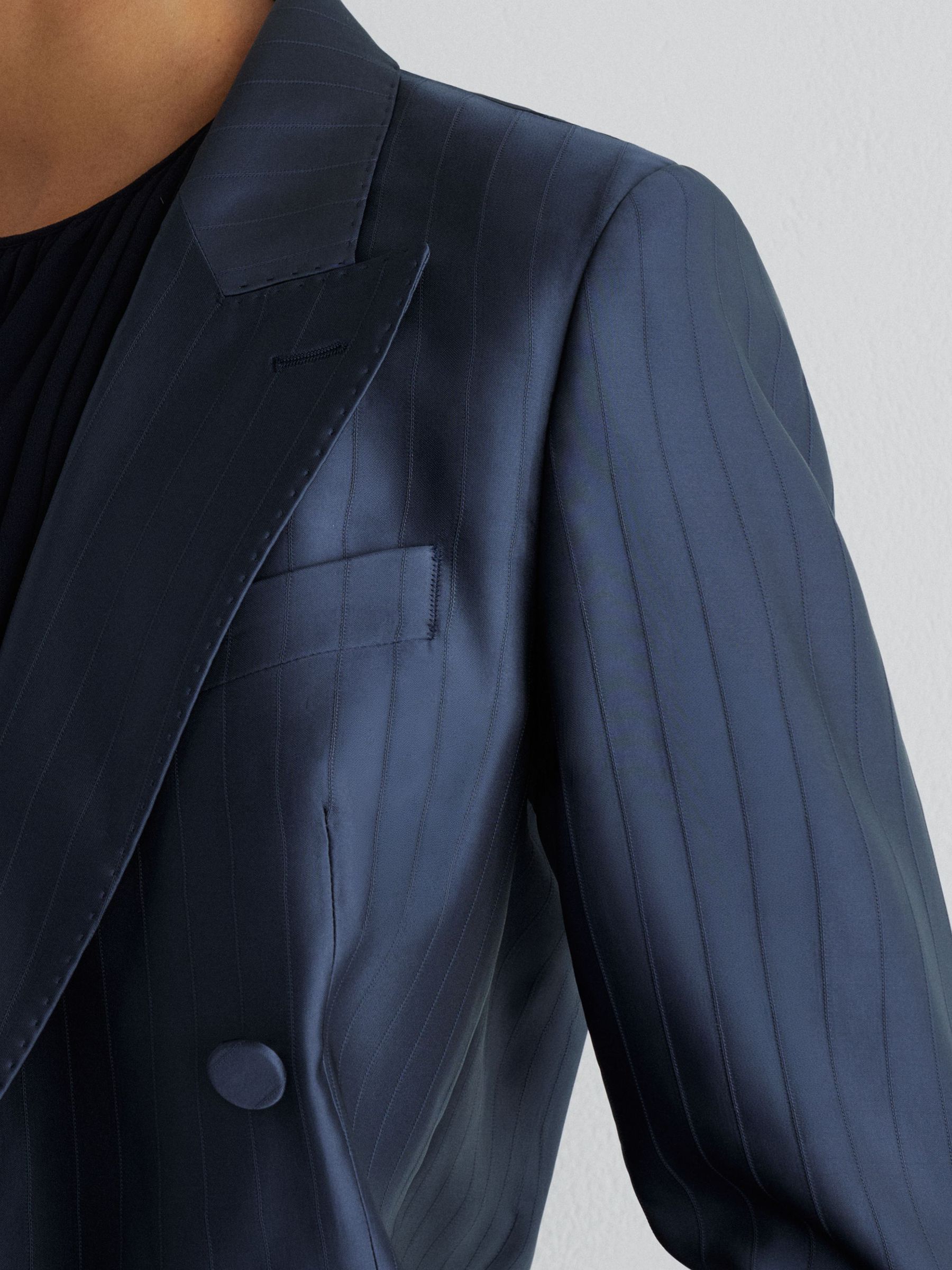 Atelier Satin Pinstripe Double-Breasted Blazer in Navy - Image 4 of 8