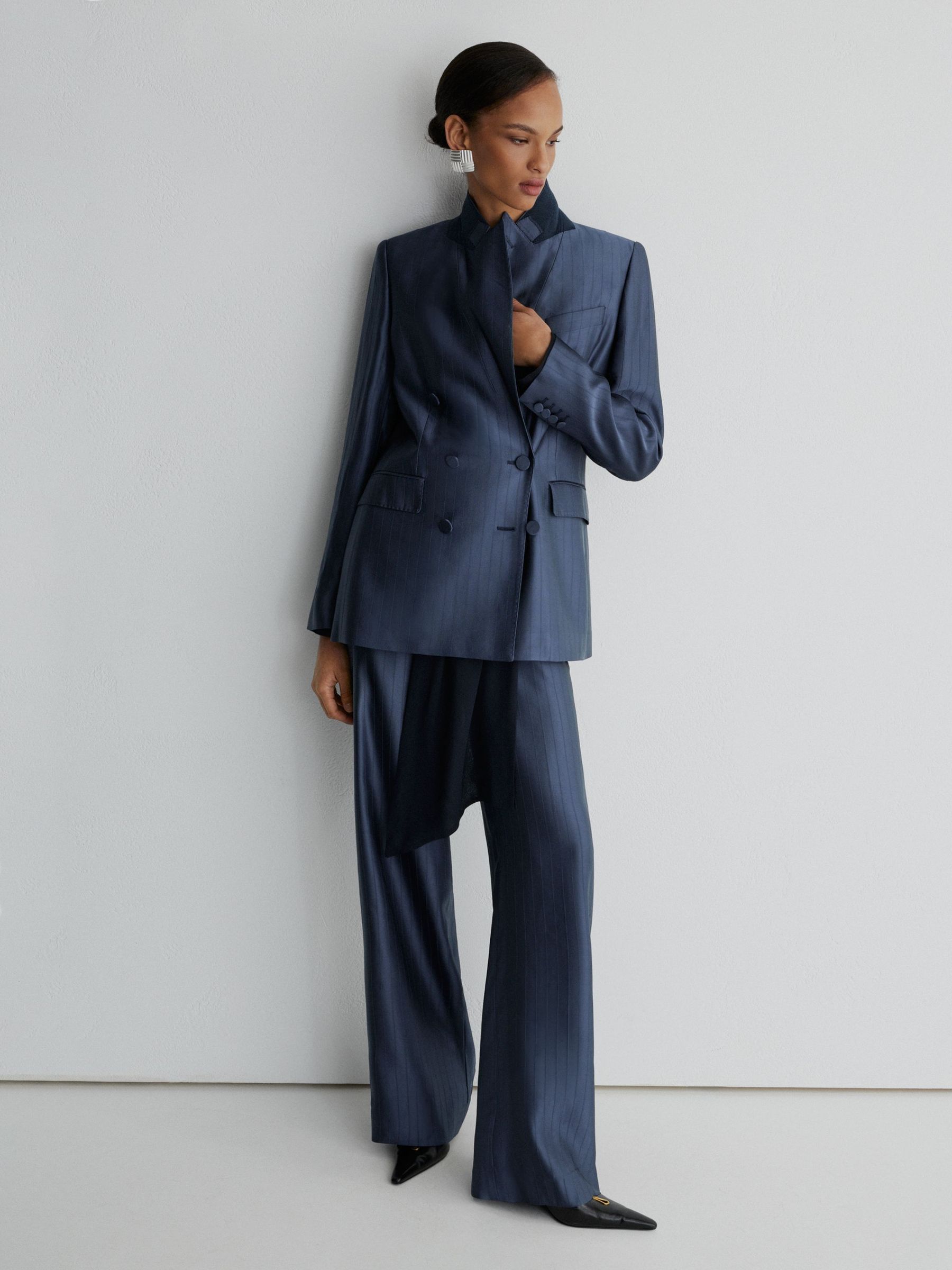 Atelier Satin Pinstripe Double-Breasted Blazer in Navy - Image 5 of 8