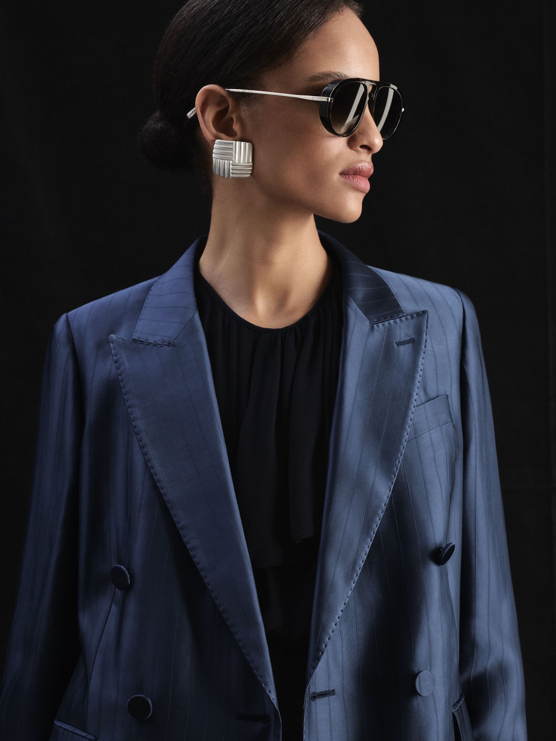 Atelier Satin Pinstripe Double-Breasted Blazer in Navy - Image 6 of 8