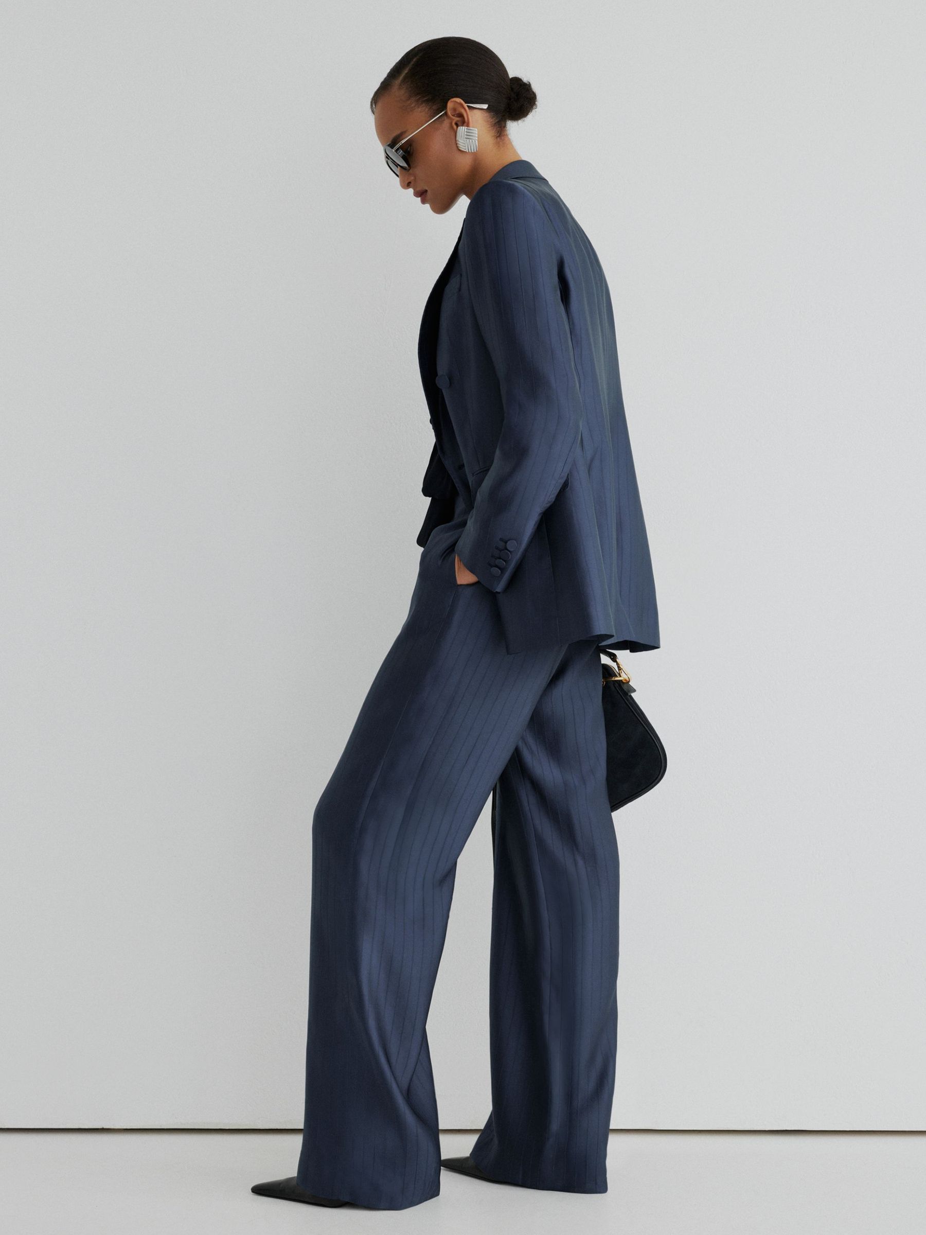Atelier Satin Pinstripe Wide-Leg Trousers in Navy - Image 1 of 7 Atelier Satin Pinstripe Wide-Leg Trousers in Navy - Image 1 of 7