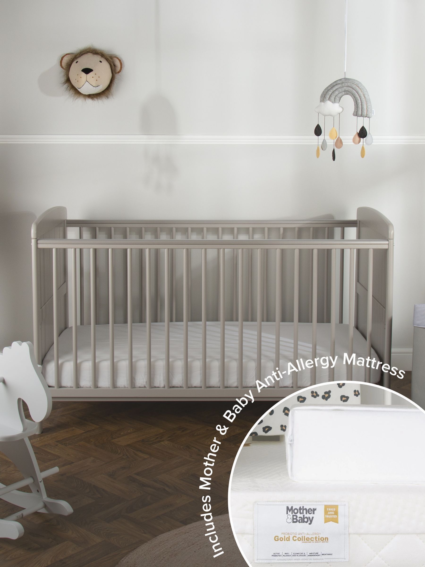 CuddleCo Grey Juliet Cot Bed With Mother&Baby First Gold Foam Mattress - Image 1 of 7