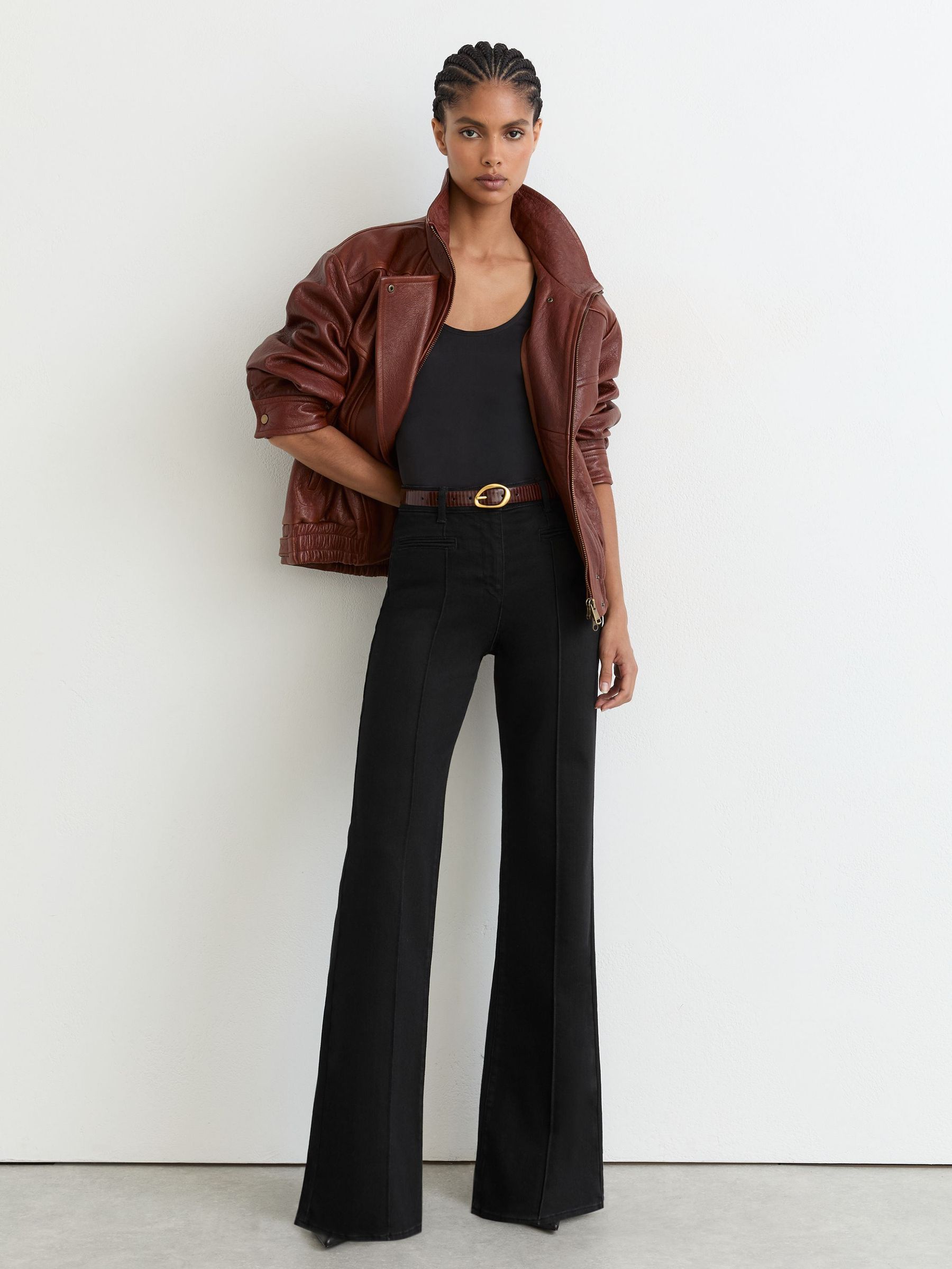 Pintuck-Detail Flared Jeans in Black - Image 1 of 7