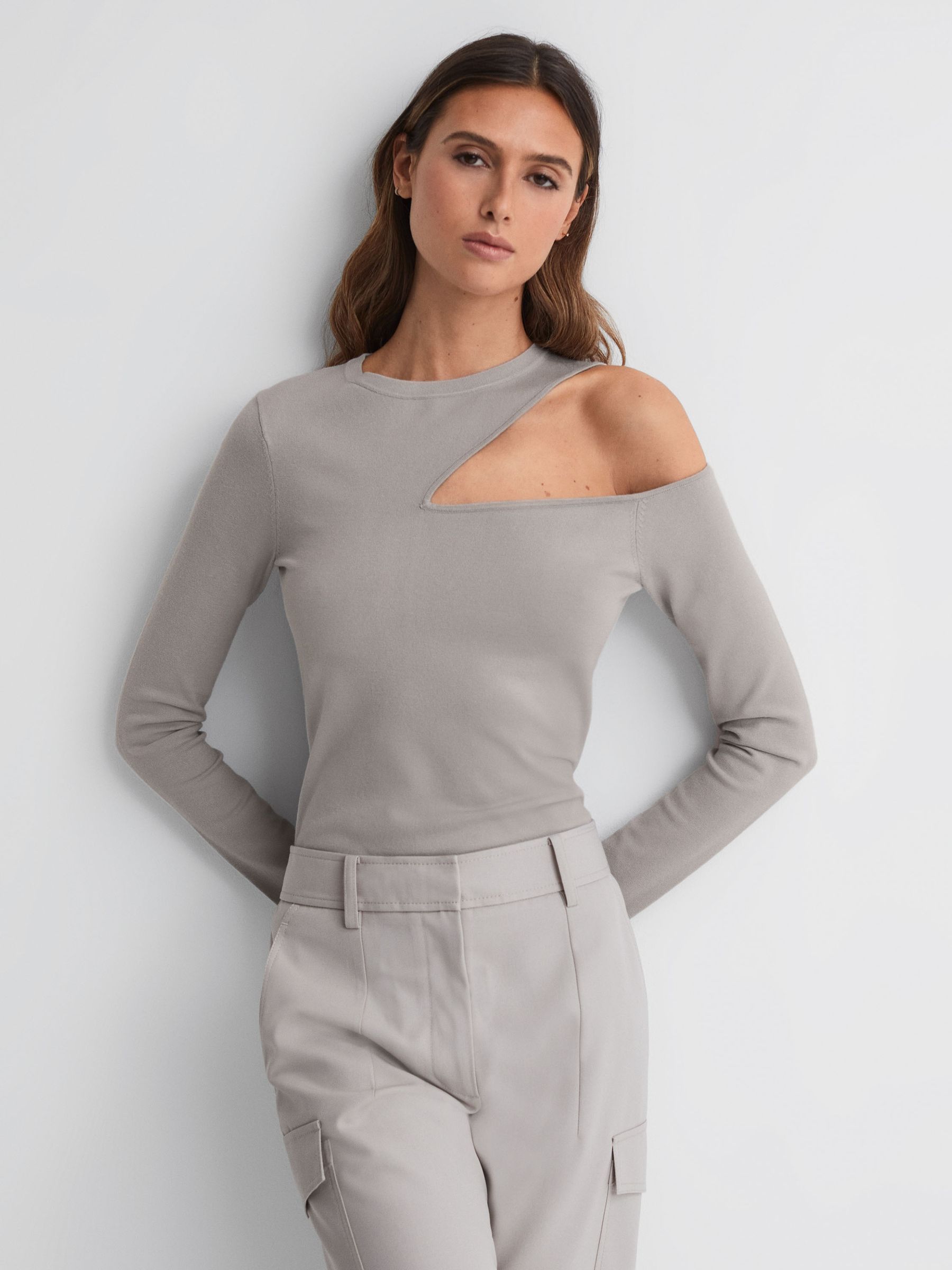 Fitted Cut-Out Long Sleeve Top in Stone - Image 1 of 4