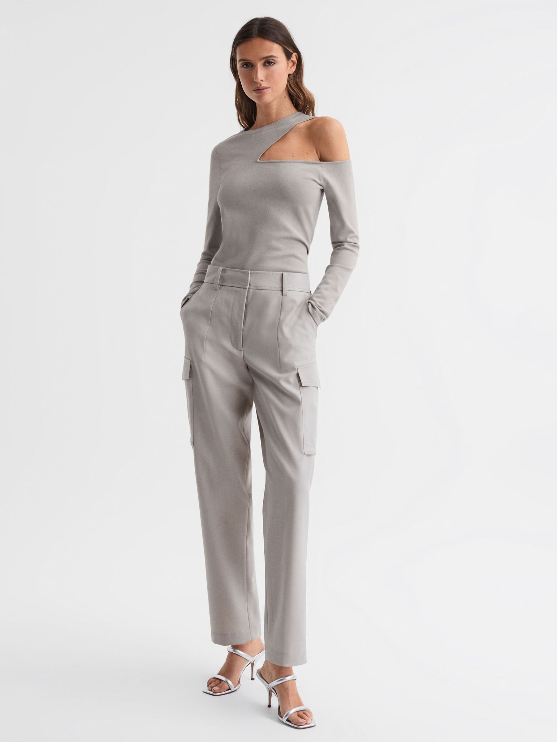 Fitted Cut-Out Long Sleeve Top in Stone - Image 3 of 4