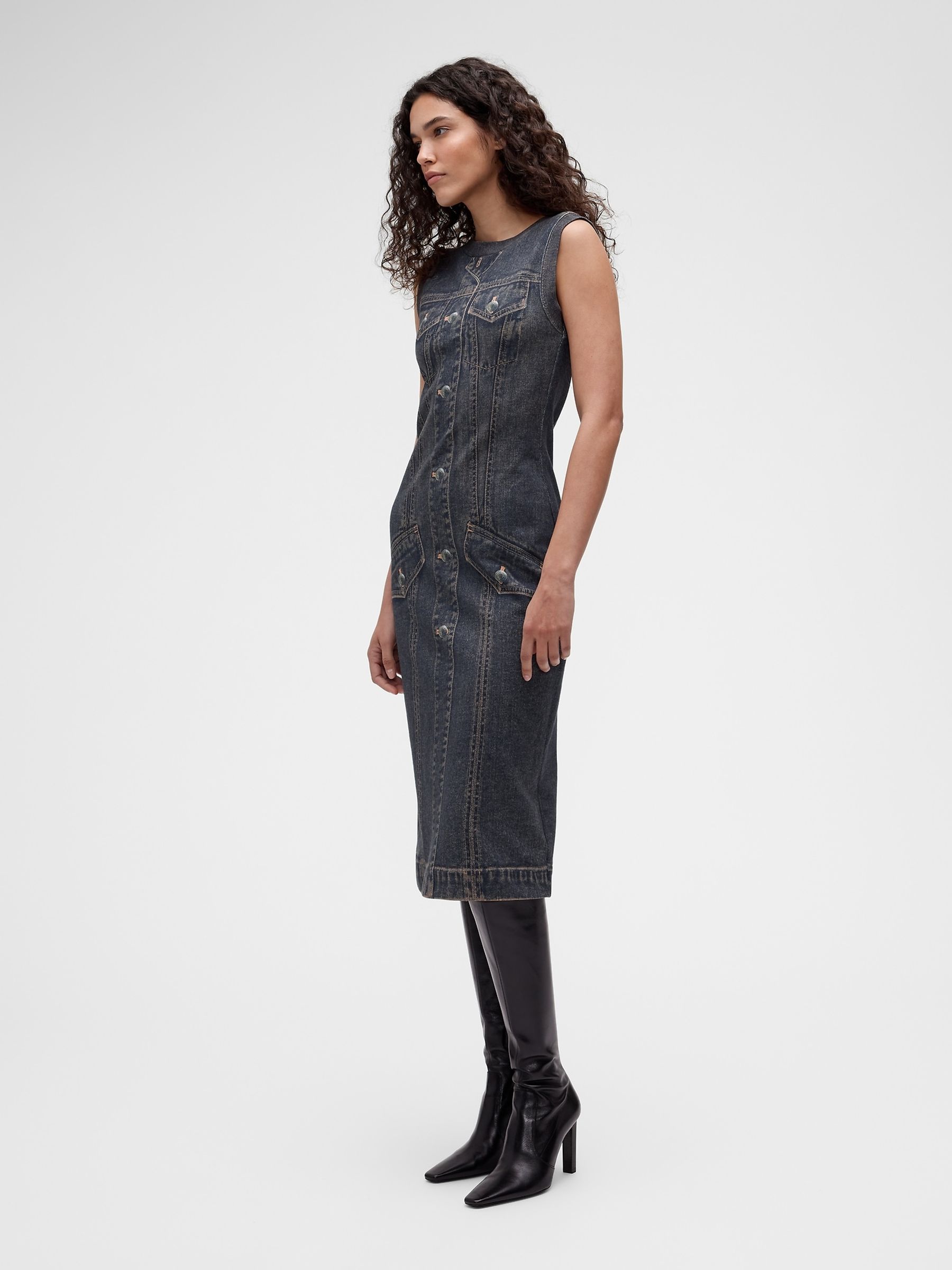 GapStudio Dark Printed Denim Sleeveless Midi Dress - Image 1 of 9