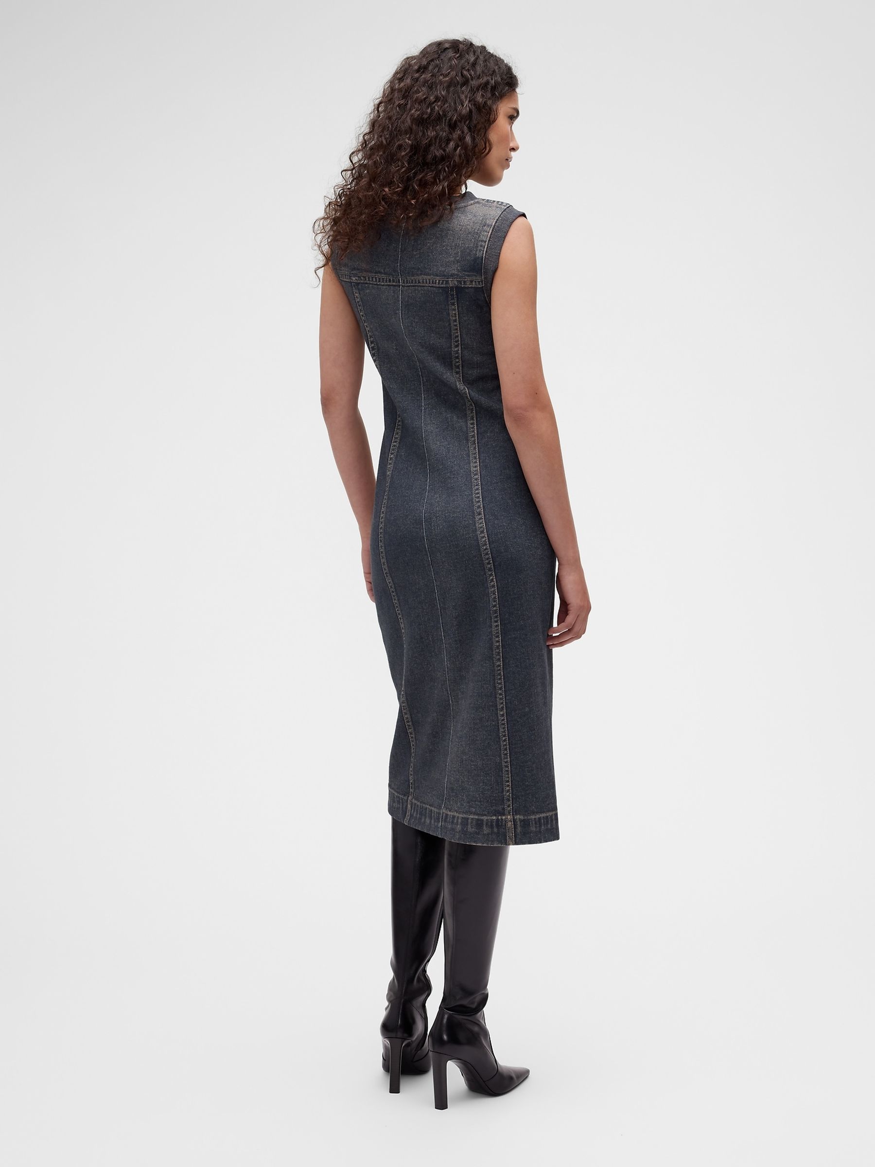 GapStudio Dark Printed Denim Sleeveless Midi Dress - Image 2 of 9