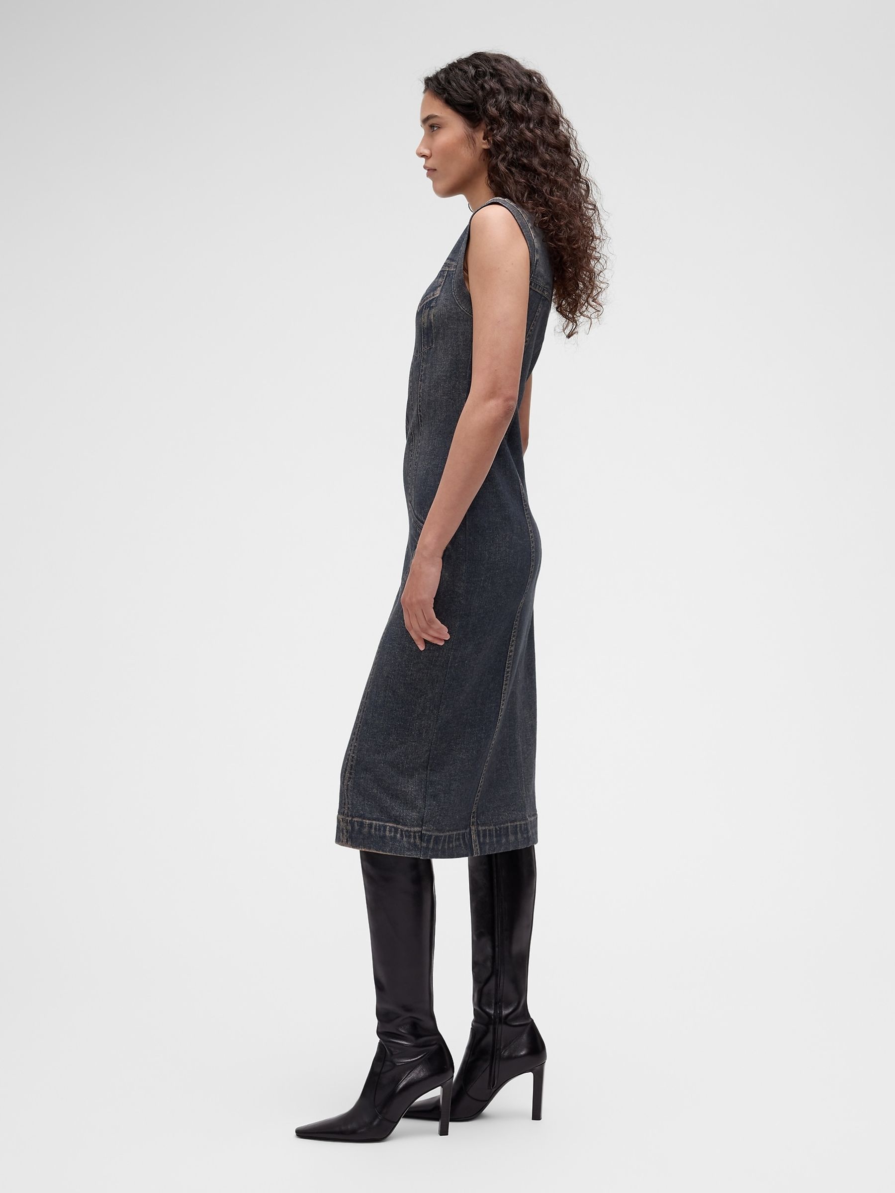GapStudio Dark Printed Denim Sleeveless Midi Dress - Image 3 of 9