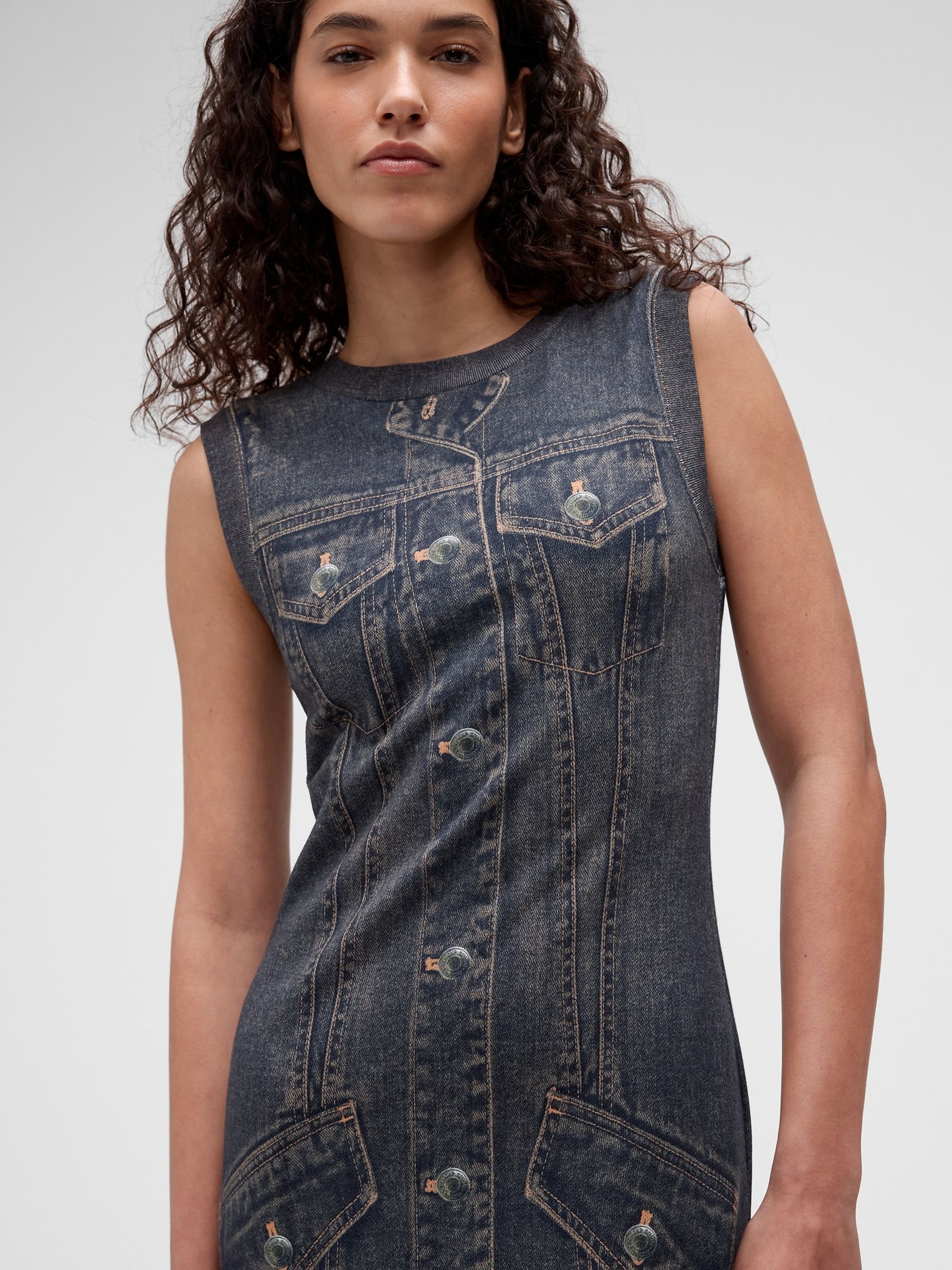 GapStudio Dark Printed Denim Sleeveless Midi Dress - Image 4 of 9