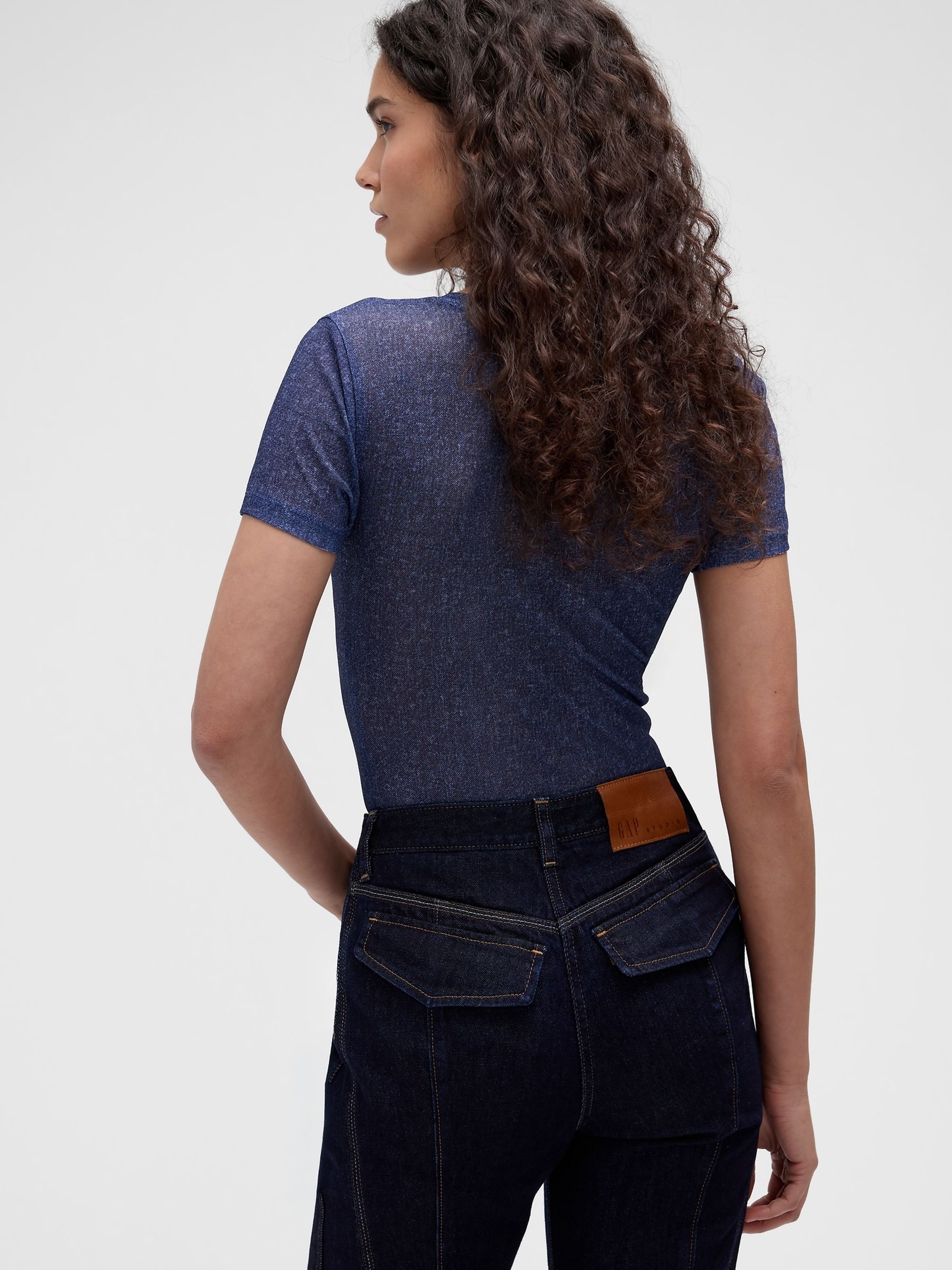 GapStudio Dark Printed Denim Sheer T-Shirt - Image 2 of 7