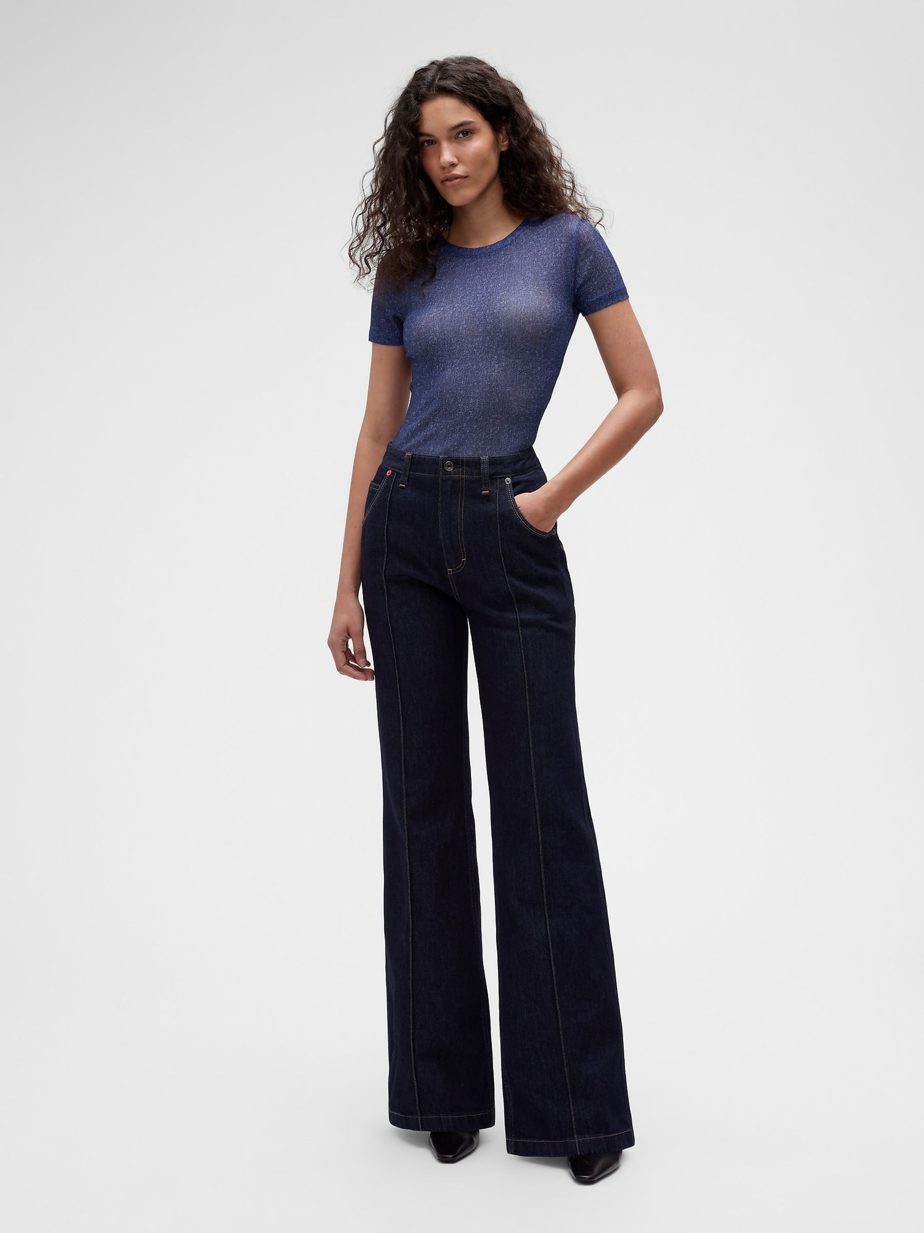 GapStudio Dark Printed Denim Sheer T-Shirt - Image 3 of 7