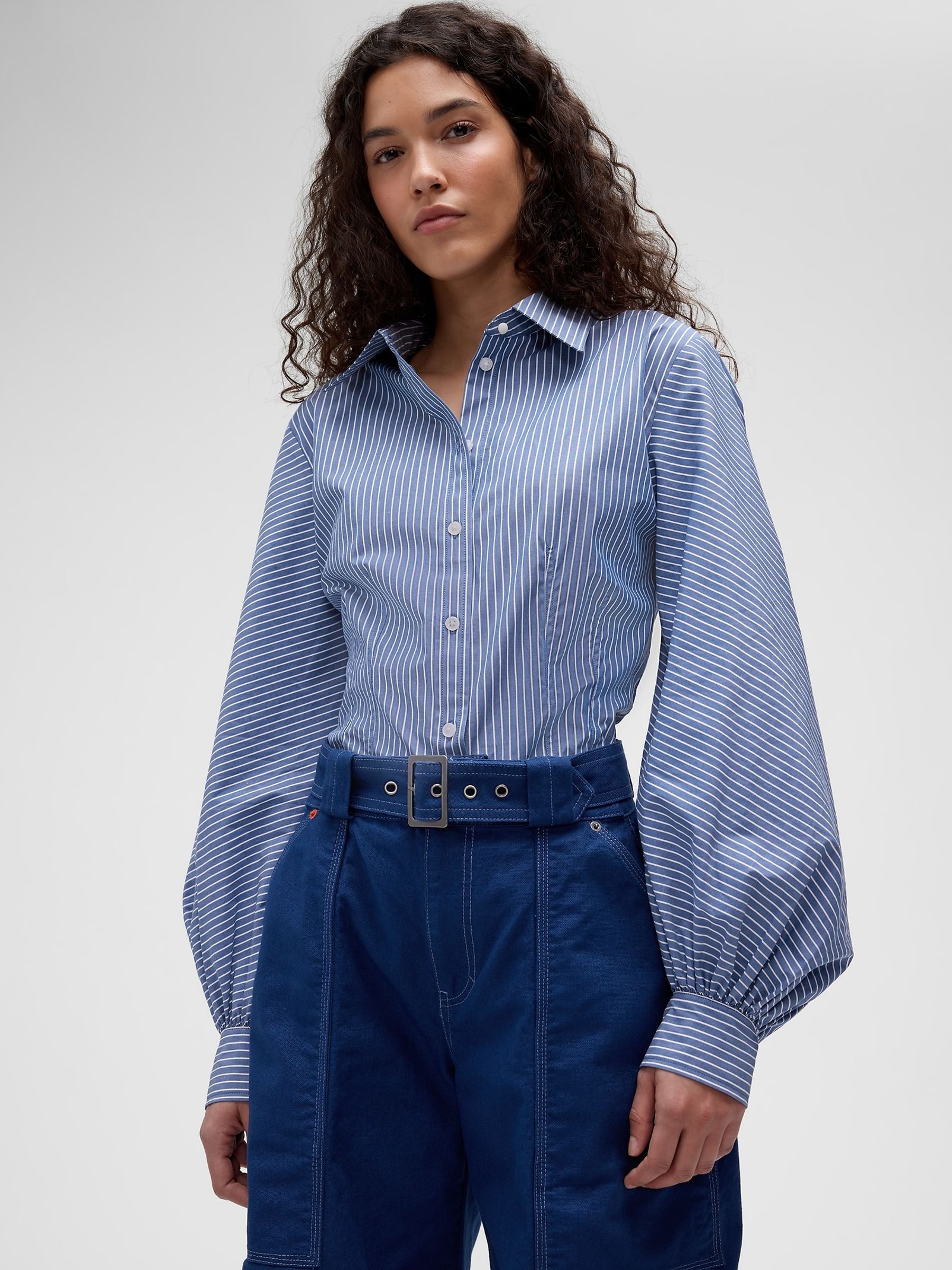 GapStudio Blue Stripe Poplin Fitted Shirt - Image 1 of 8