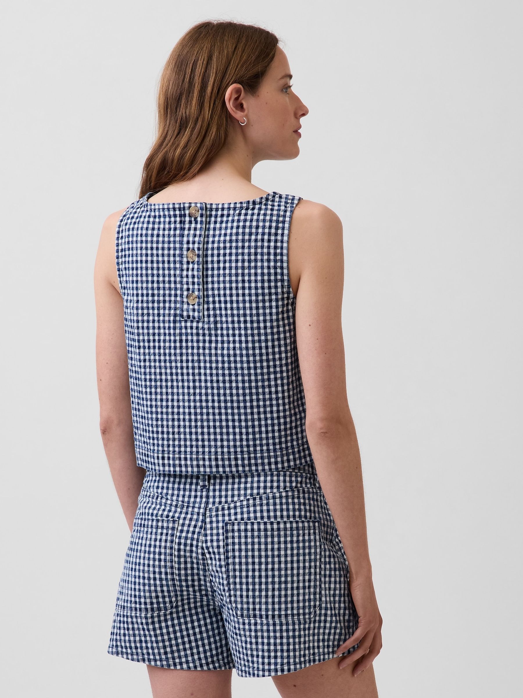 Navy Gingham Denim Crop Shell Vest - Image 2 of 4