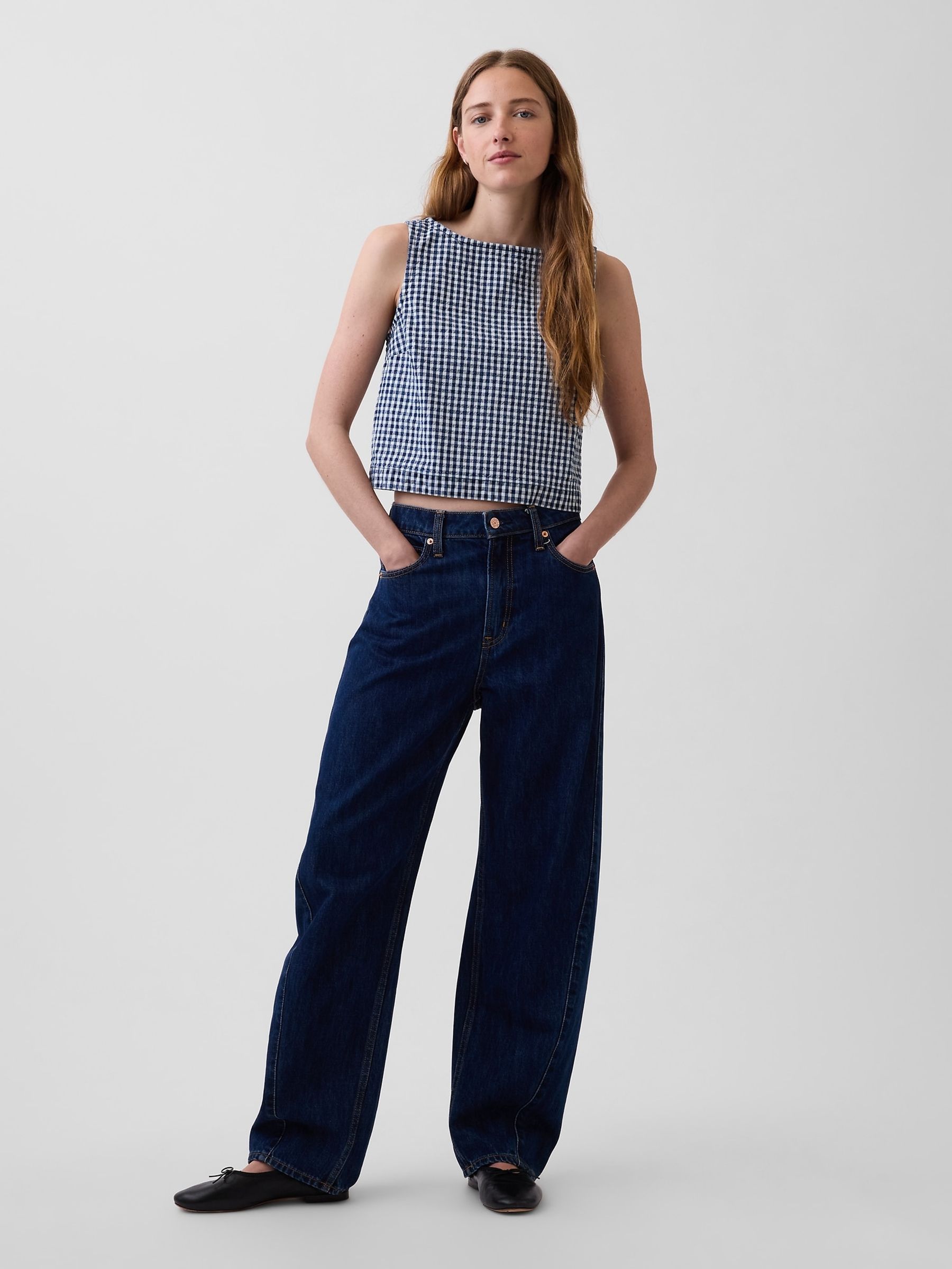 Navy Gingham Denim Crop Shell Vest - Image 3 of 4