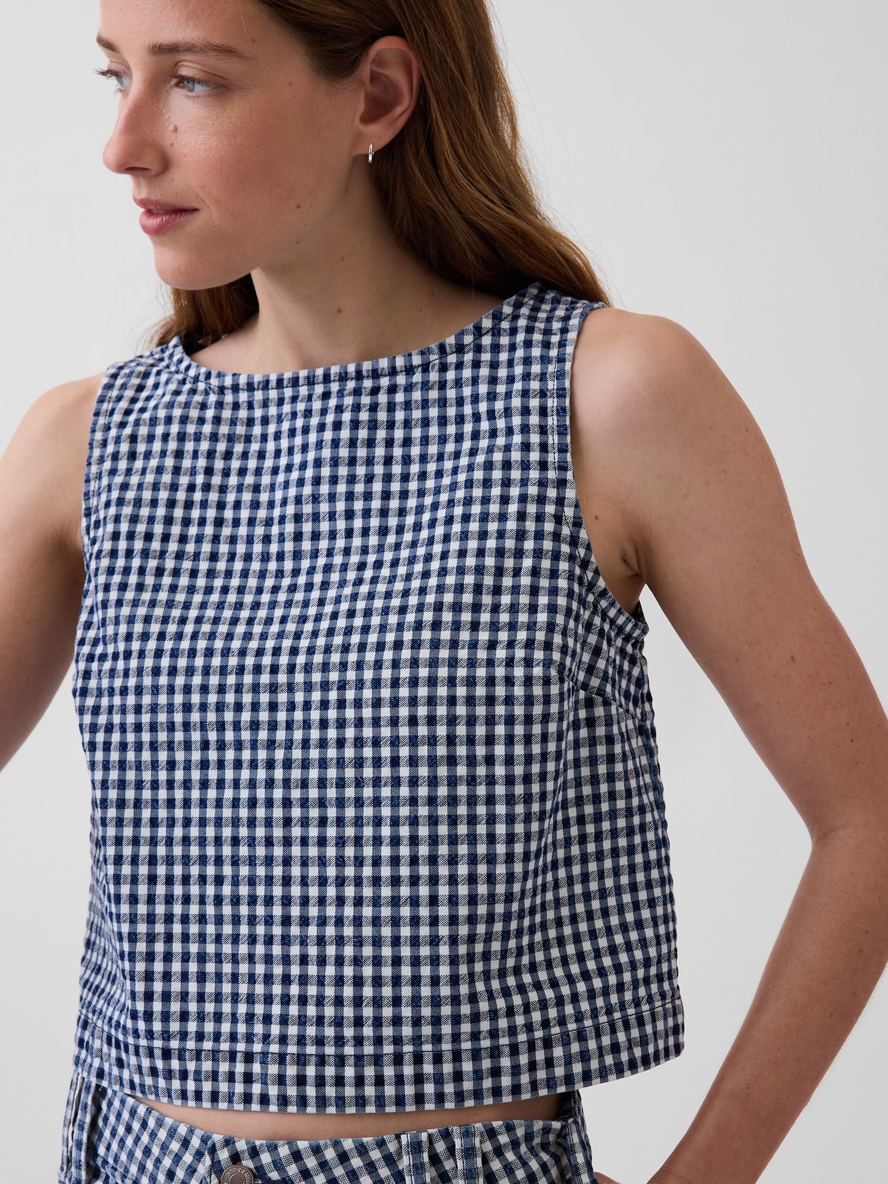 Navy Gingham Denim Crop Shell Vest - Image 4 of 4
