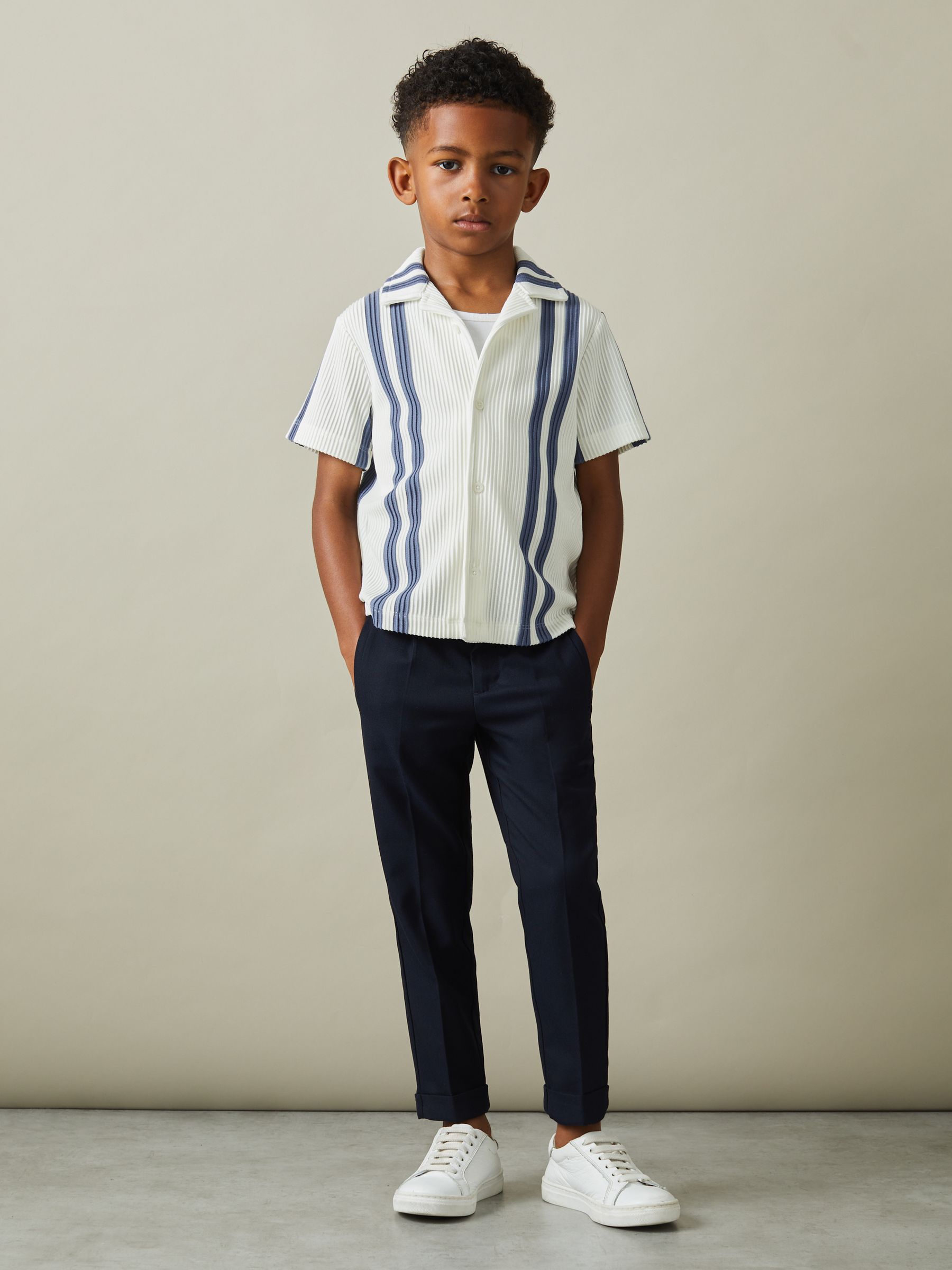 3-9 yrs Ribbed Cuban Collar Shirt in White/Airforce Blue - Image 1 of 13 3-9 yrs Ribbed Cuban Collar Shirt in White/Airforce Blue - Image 1 of 13