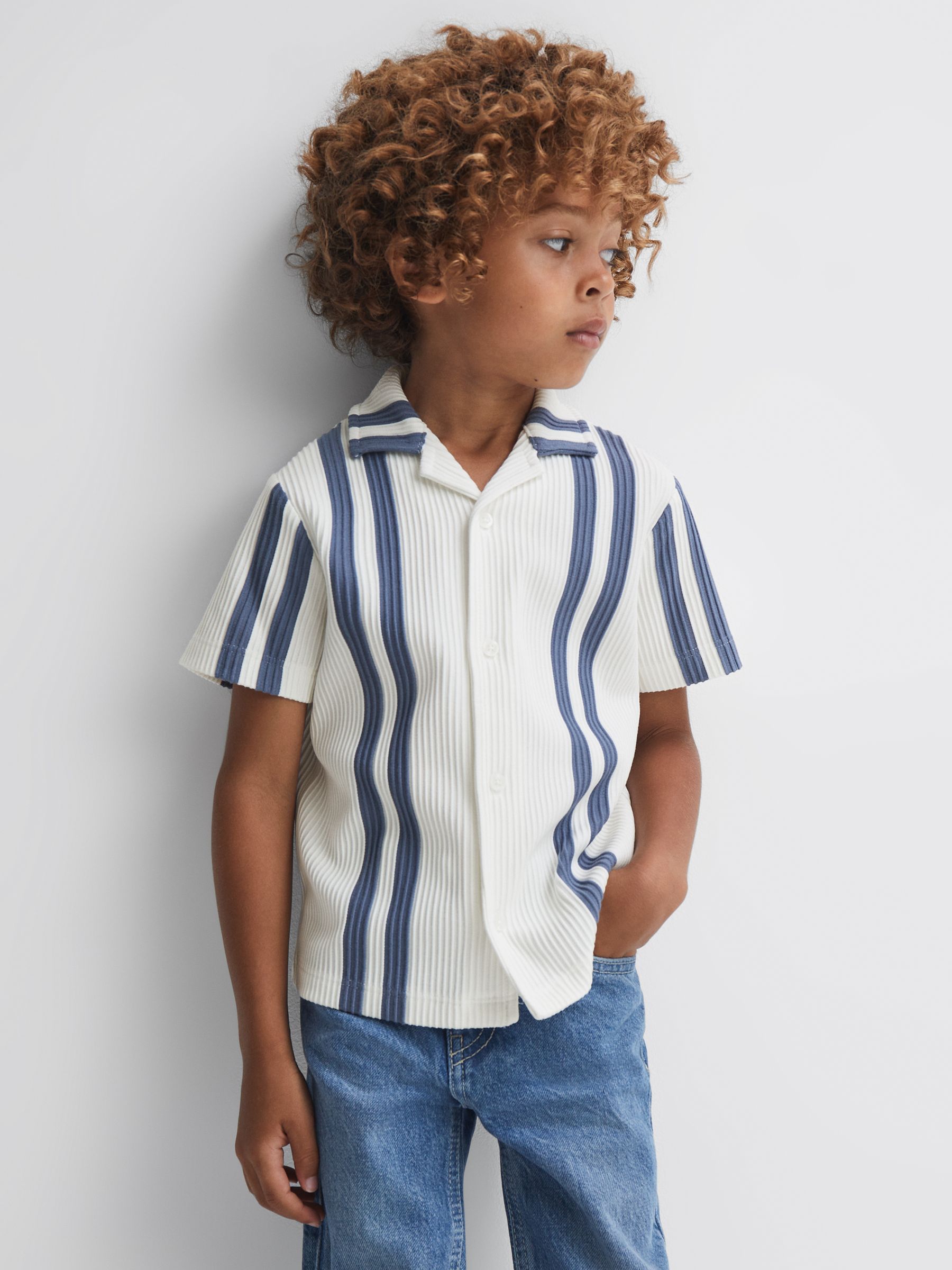 3-9 yrs Ribbed Cuban Collar Shirt in White/Airforce Blue - Image 12 of 13
