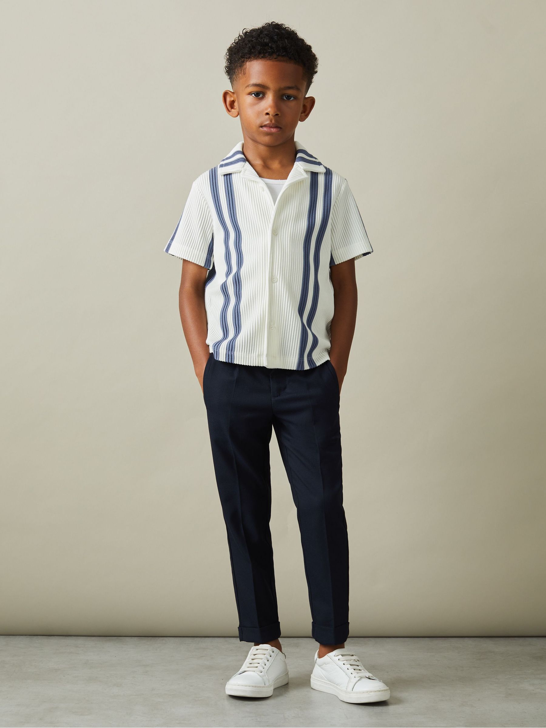 3-9 yrs Ribbed Cuban Collar Shirt in White/Airforce Blue - Image 7 of 13