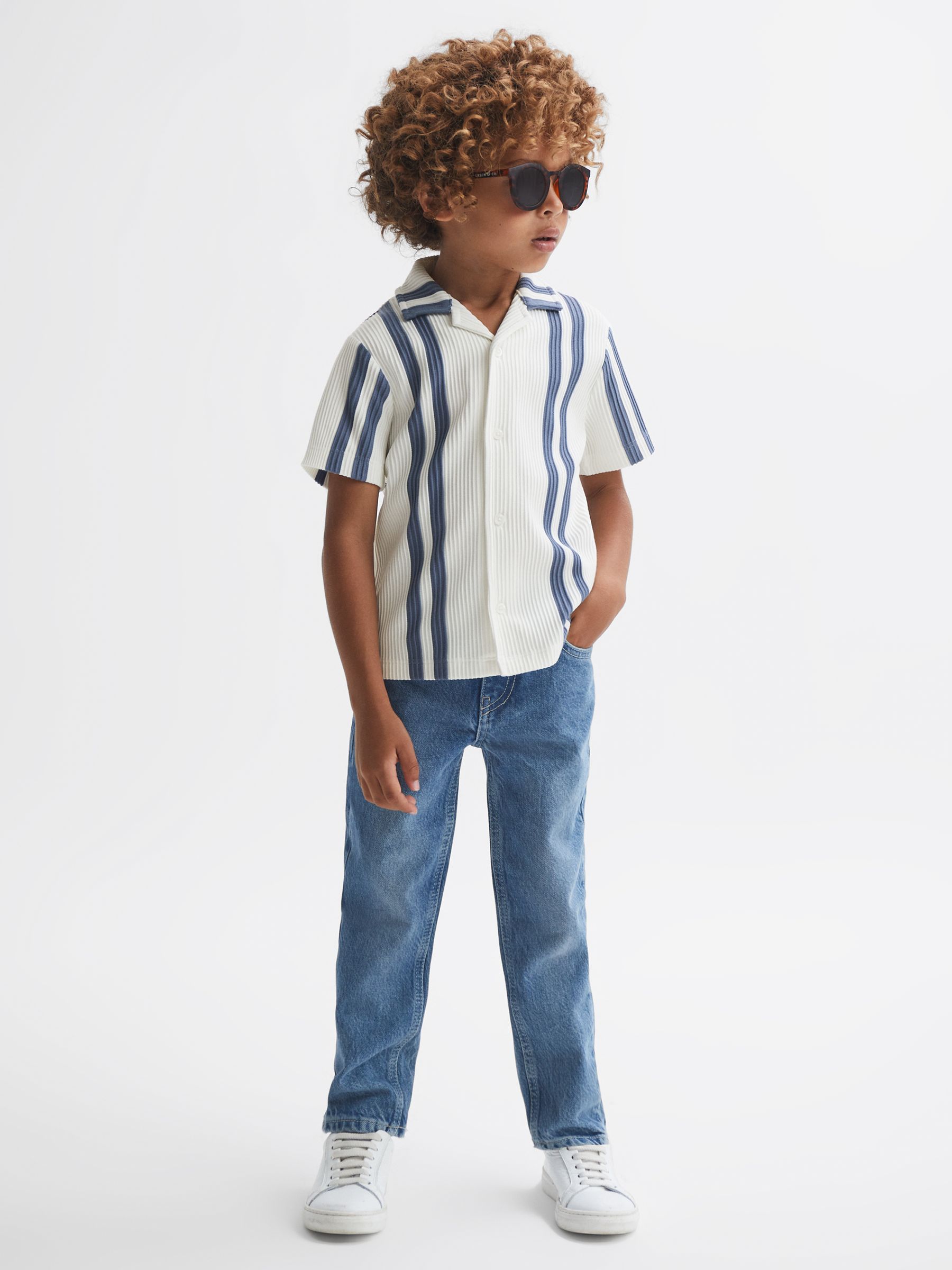 3-9 yrs Ribbed Cuban Collar Shirt in White/Airforce Blue - Image 8 of 13