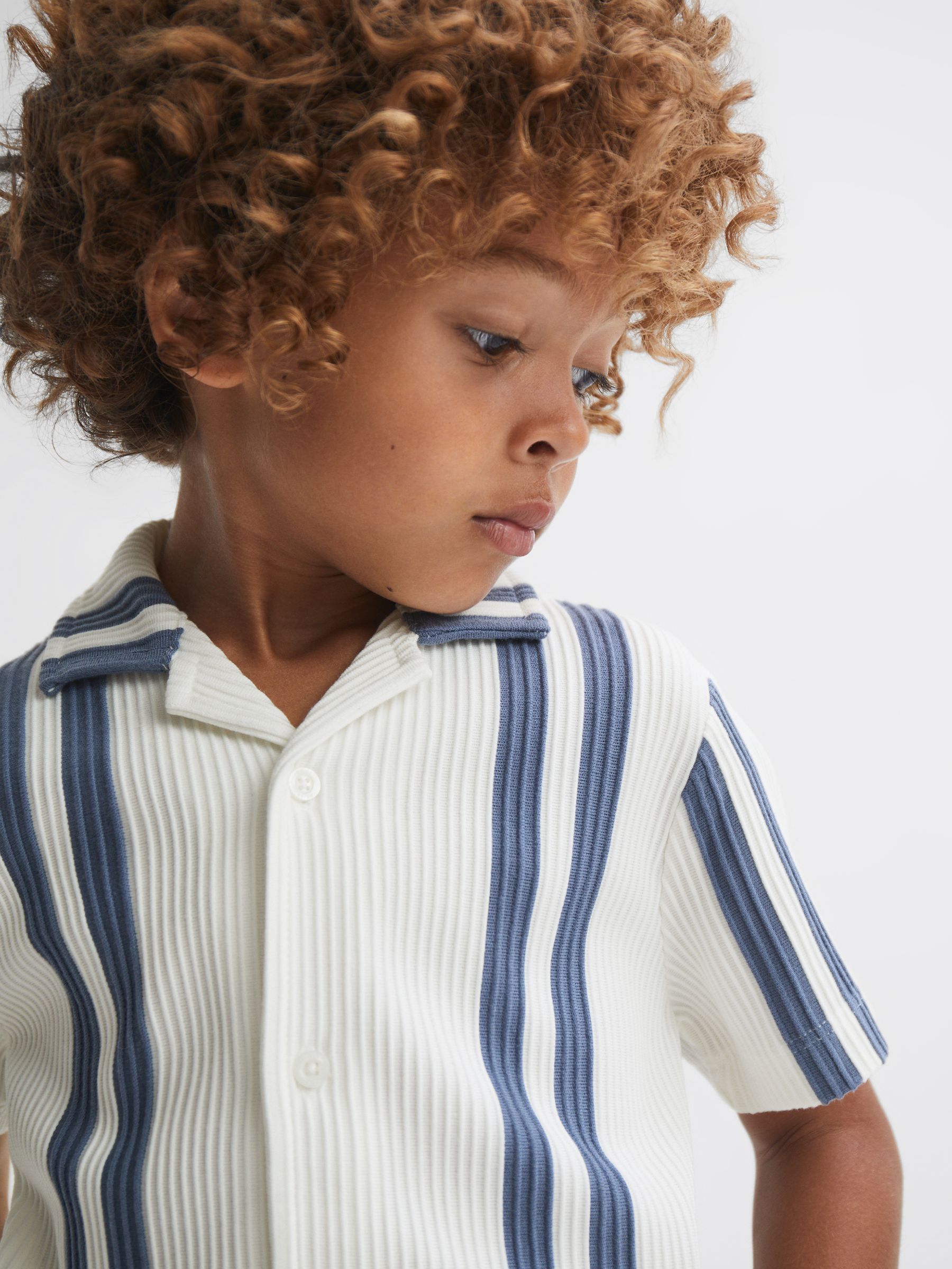 3-9 yrs Ribbed Cuban Collar Shirt in White/Airforce Blue - Image 9 of 13